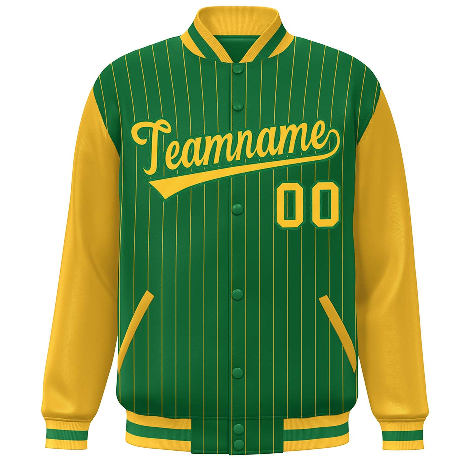 Custom Kelly Green Gold Stripe Fashion Bomber Varsity Jacket with Raglan Sleeves