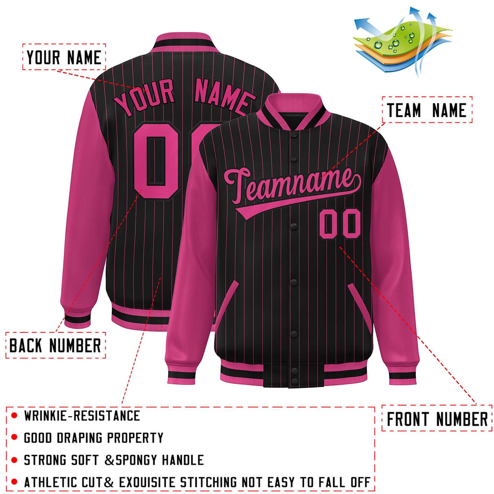 Custom Black Rose Red Stripe Fashion Bomber Varsity Jacket with Raglan Sleeves