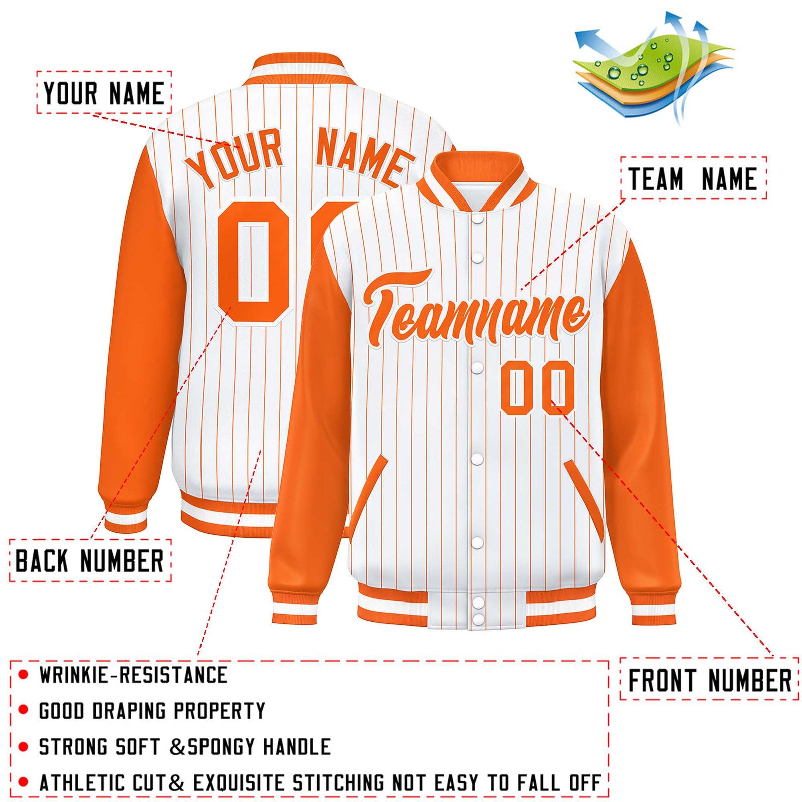 Custom White Orange Stripe Fashion Bomber Varsity Jacket with Raglan Sleeves
