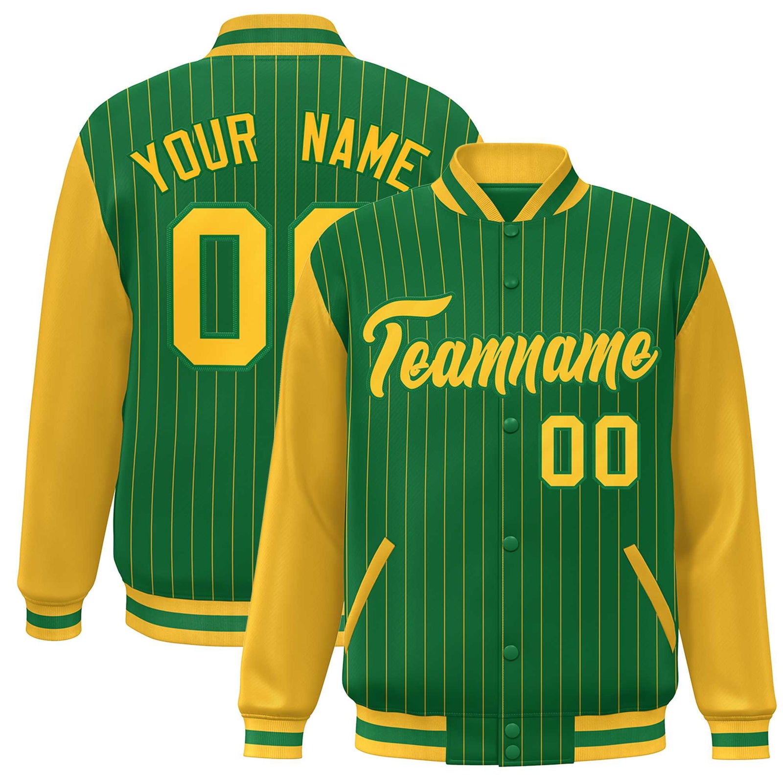 Custom Kelly Green Gold Stripe Fashion Bomber Varsity Jacket with Raglan Sleeves