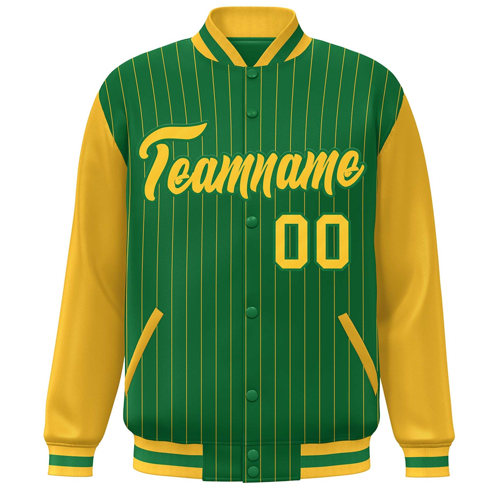 Custom Kelly Green Gold Stripe Fashion Bomber Varsity Jacket with Raglan Sleeves