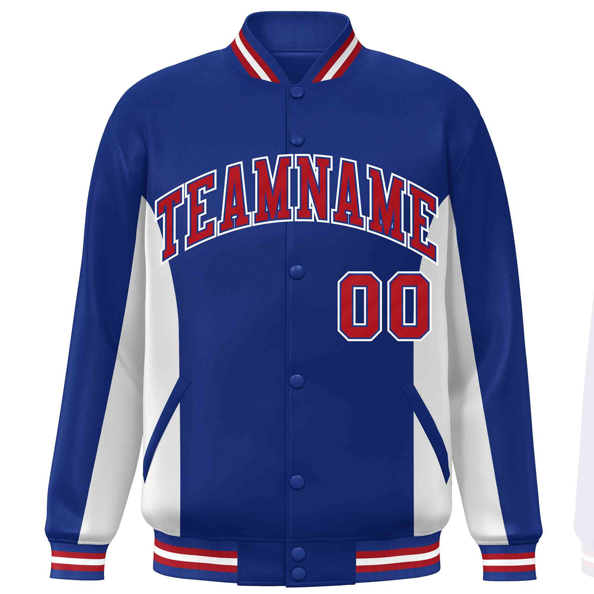 Custom Royal White-Red Varsity Full-Snap Color Block Letterman Baseball Jacket