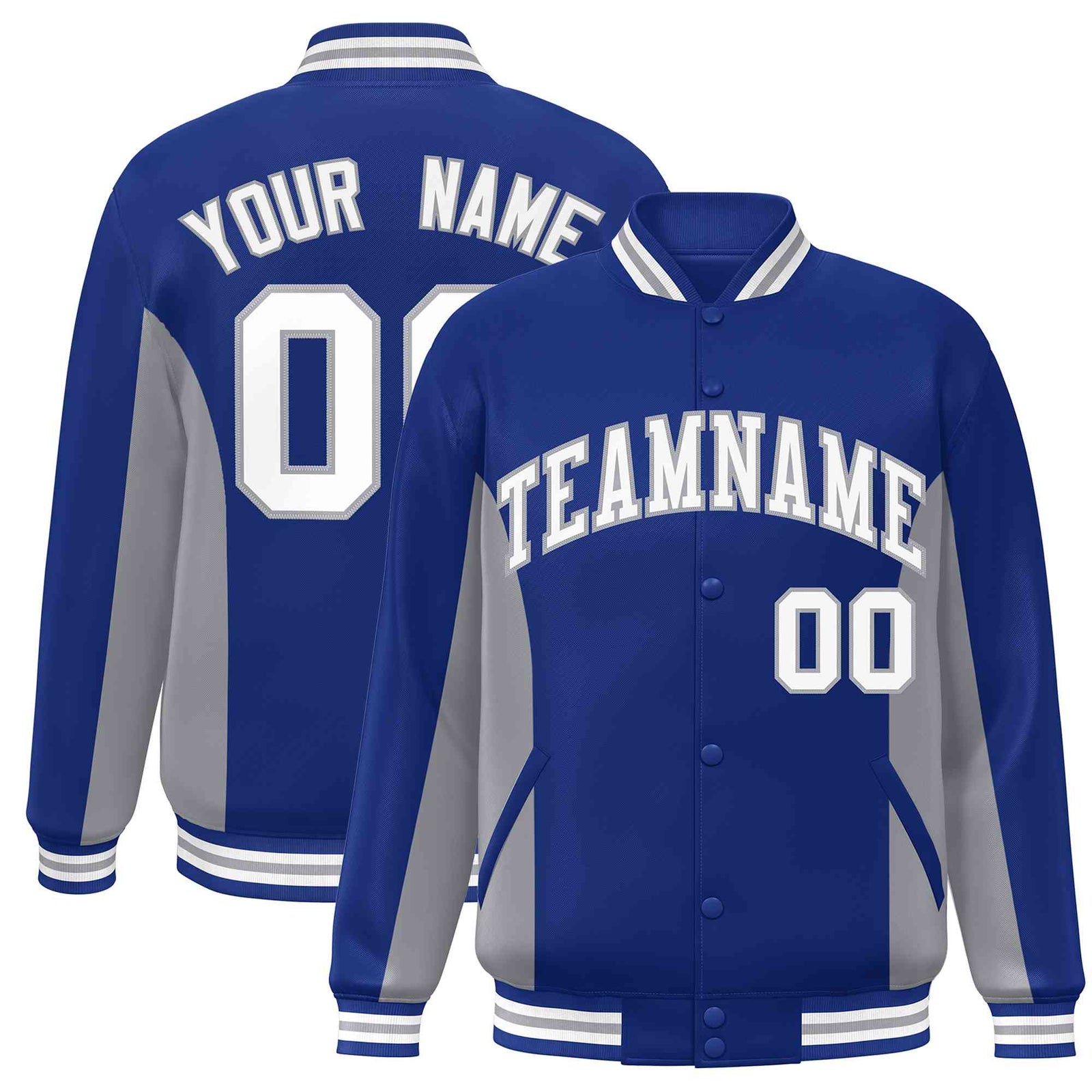 Custom Royal Gray-White Varsity Full-Snap Color Block Letterman Baseball Jacket