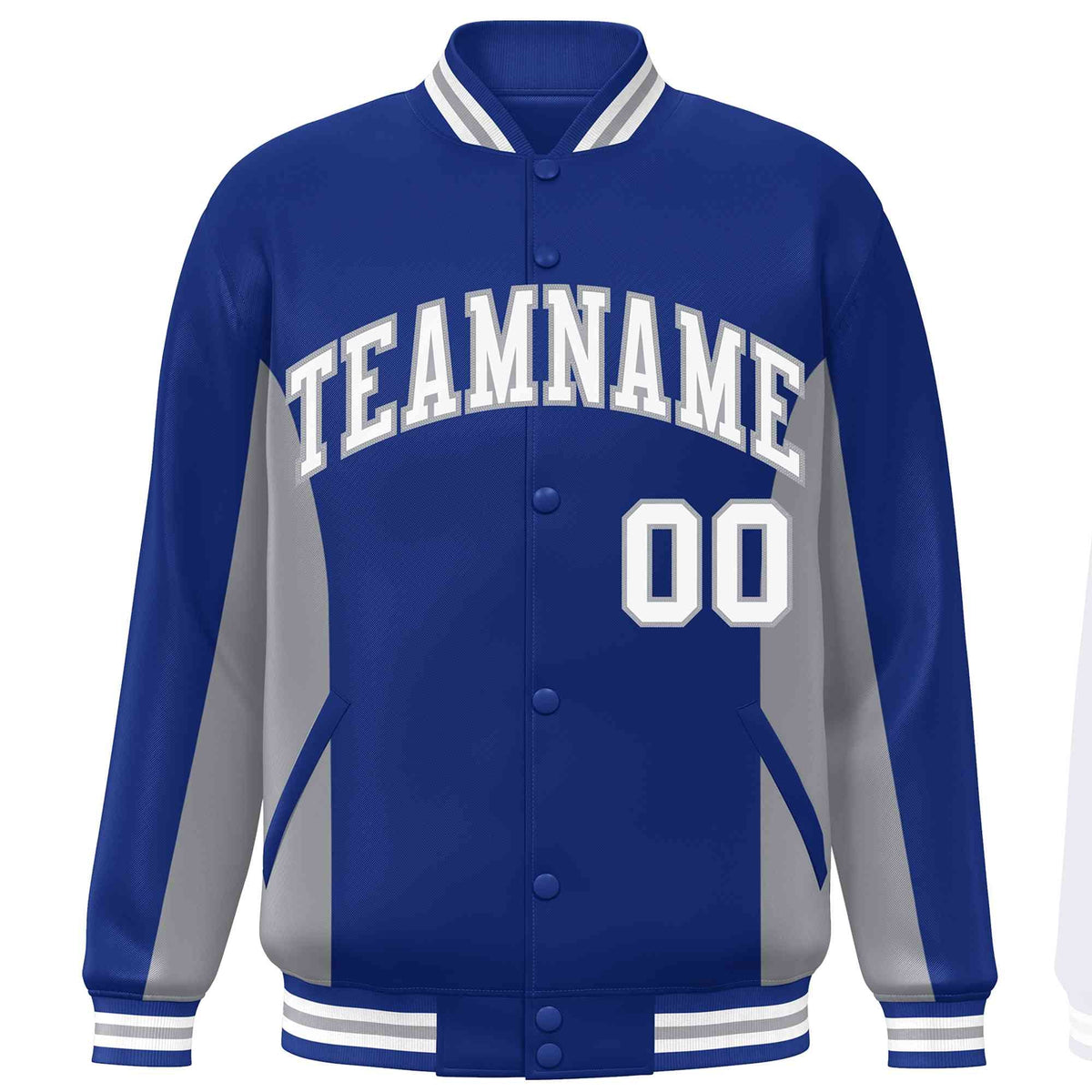 Custom Royal Gray-White Varsity Full-Snap Color Block Letterman Baseball Jacket