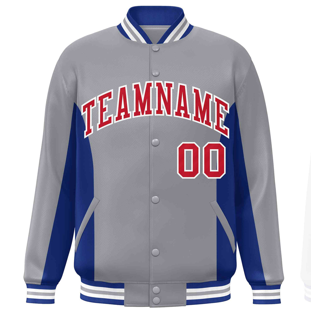 Custom Gray Royal-Red Varsity Full-Snap Color Block Letterman Baseball Jacket