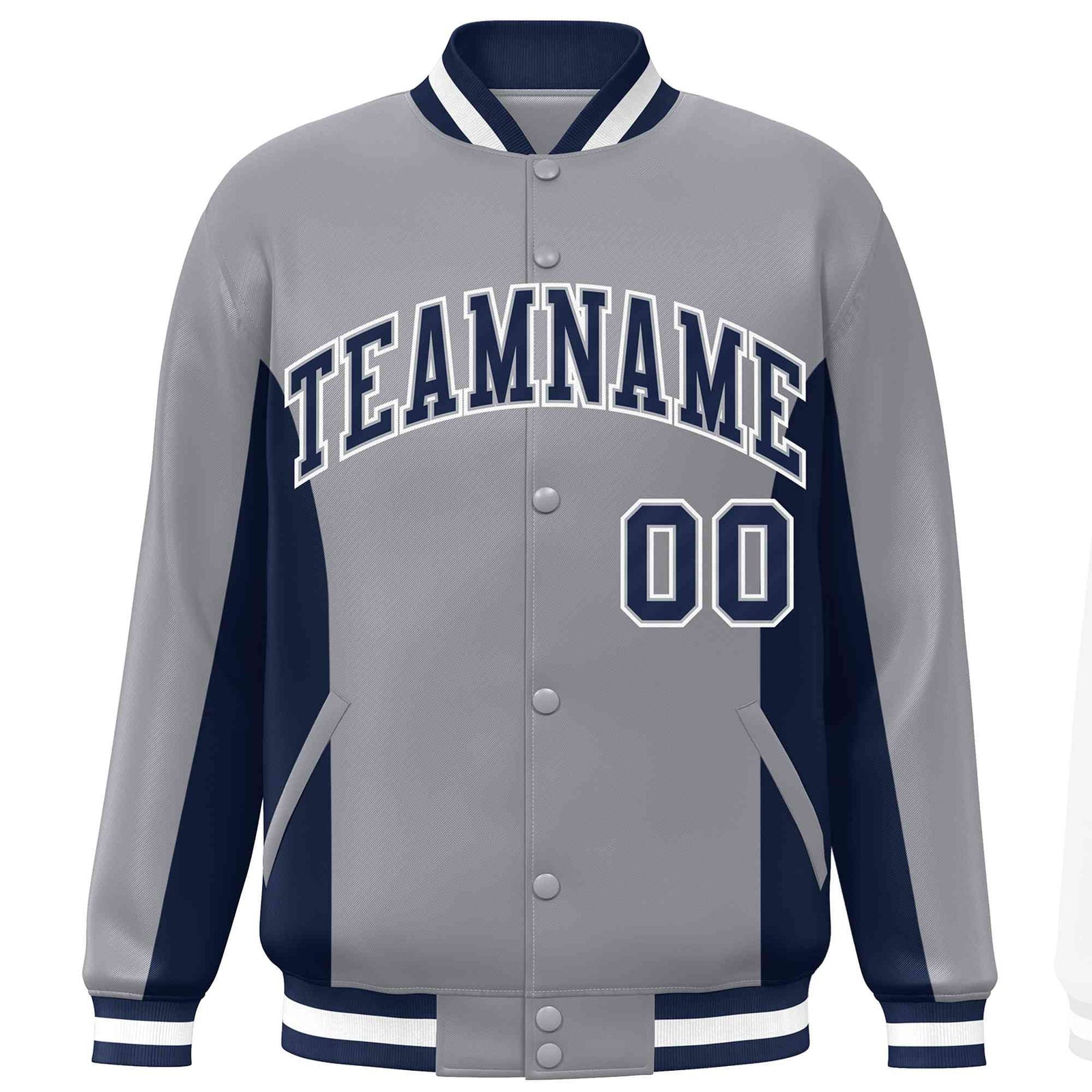 Custom Gray Navy Varsity Full-Snap Color Block Letterman Baseball Jacket