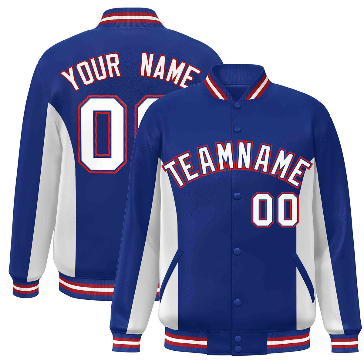 Custom Royal White Varsity Full-Snap Color Block Letterman Baseball Jacket