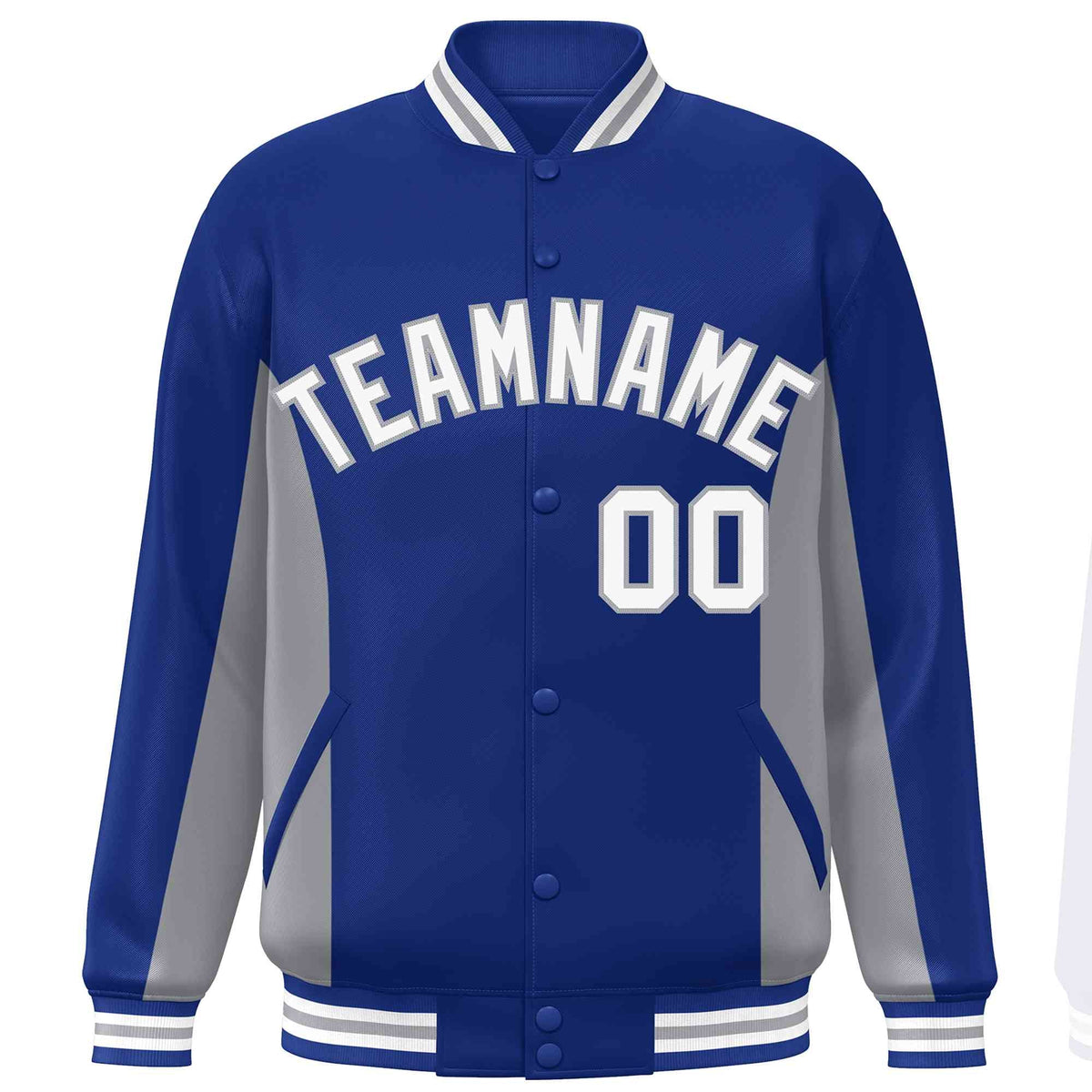 Custom Royal Gray-White Varsity Full-Snap Color Block Letterman Baseball Jacket