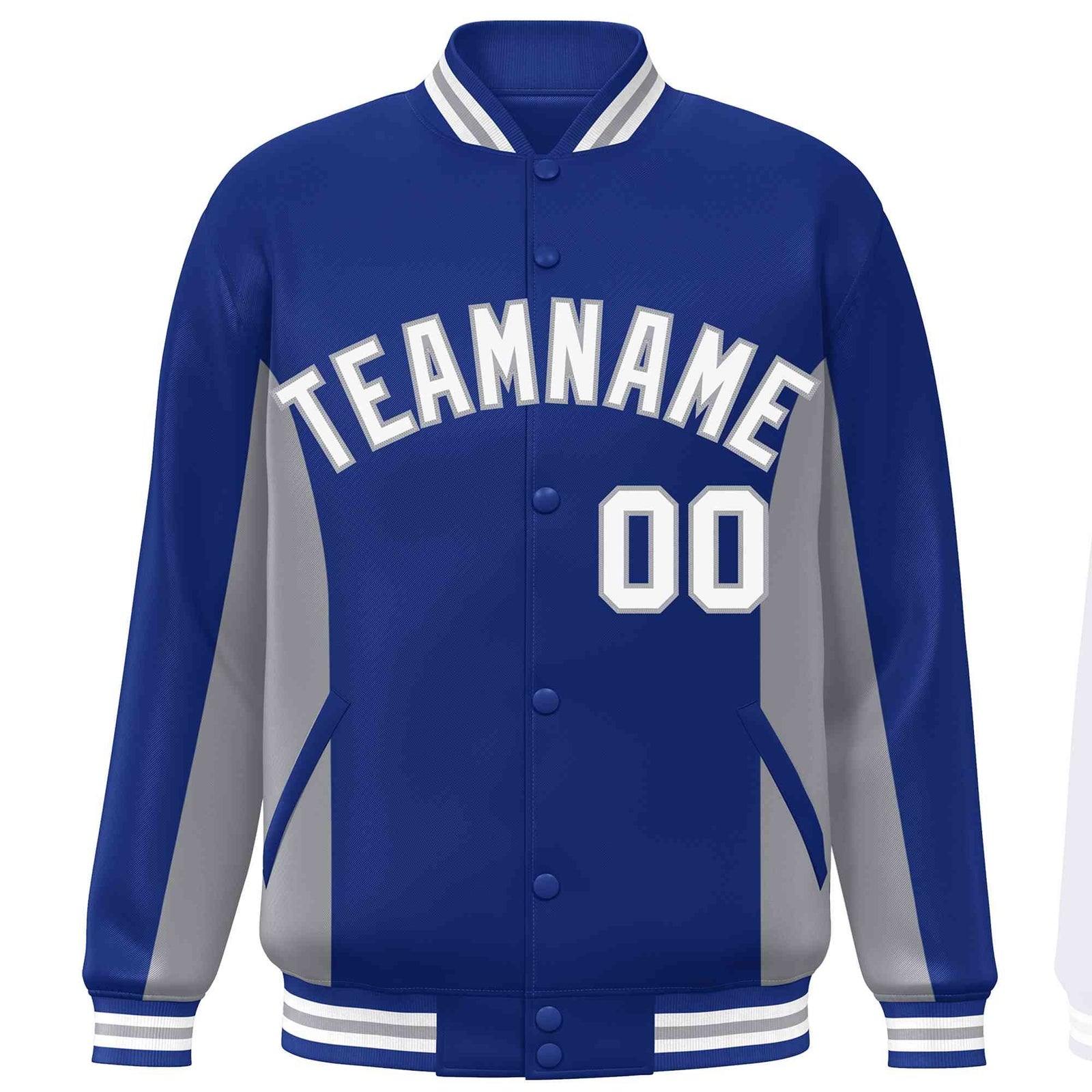 Custom Royal Gray-White Varsity Full-Snap Color Block Letterman Baseball Jacket