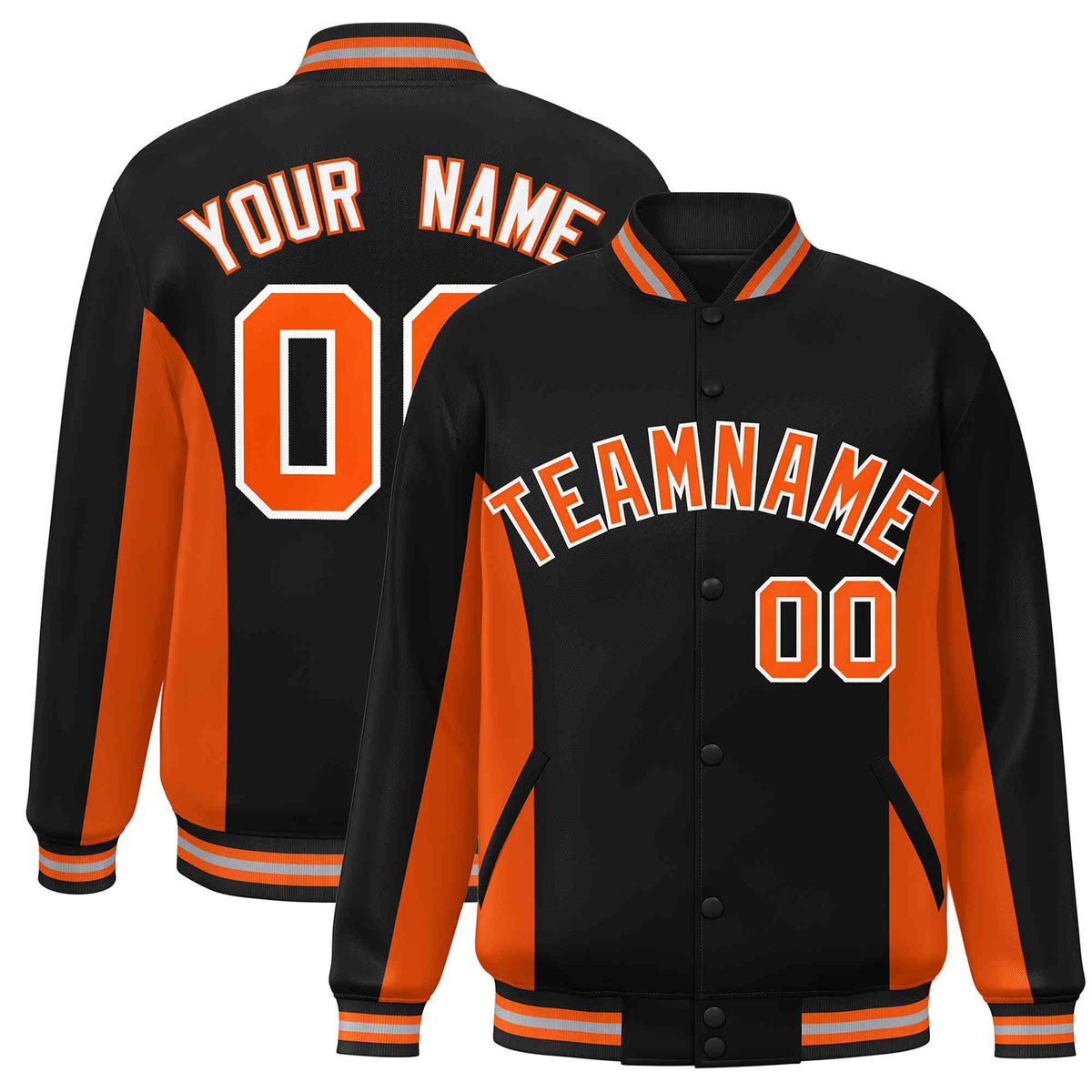 Custom Black Orange Varsity Full-Snap Color Block Letterman Baseball Jacket