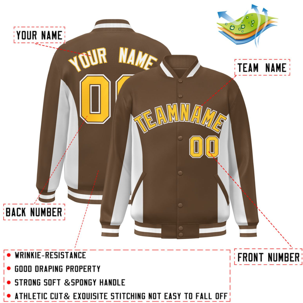 Custom Brown White-Gold Varsity Full-Snap Color Block Letterman Baseball Jacket