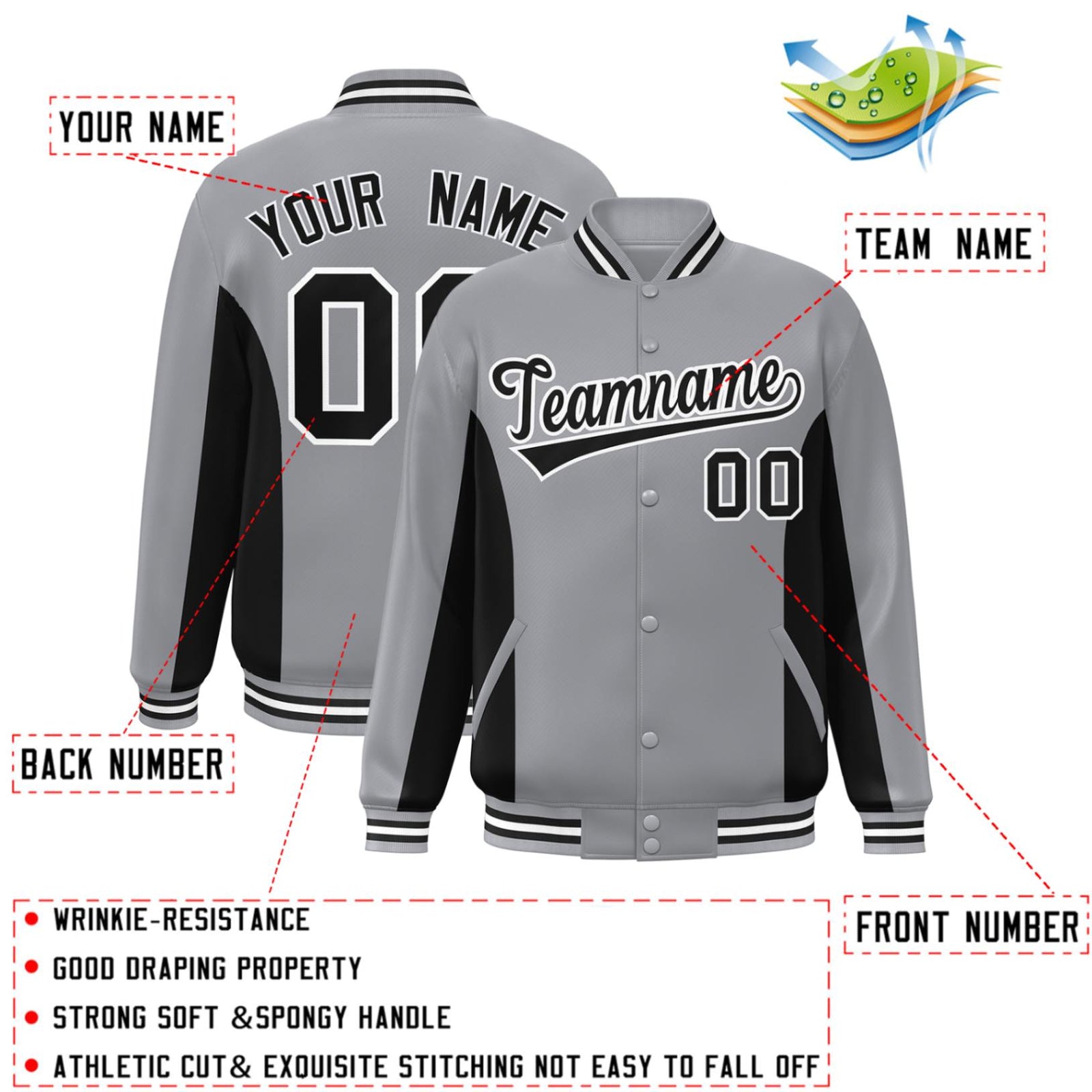 Custom Gray Black Varsity Full-Snap Color Block Letterman Baseball Jacket