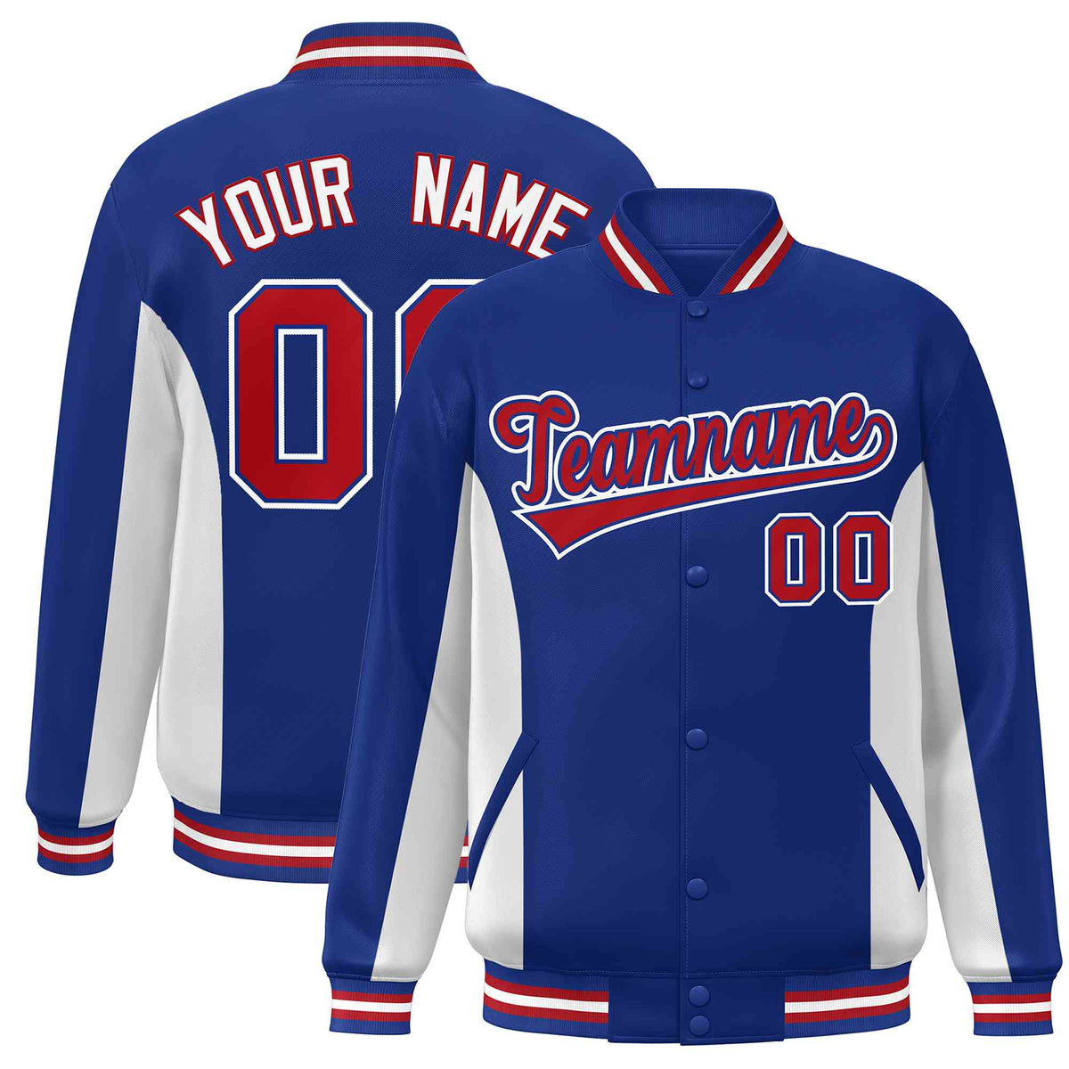 Custom Royal White-Red Varsity Full-Snap Color Block Letterman Baseball Jacket