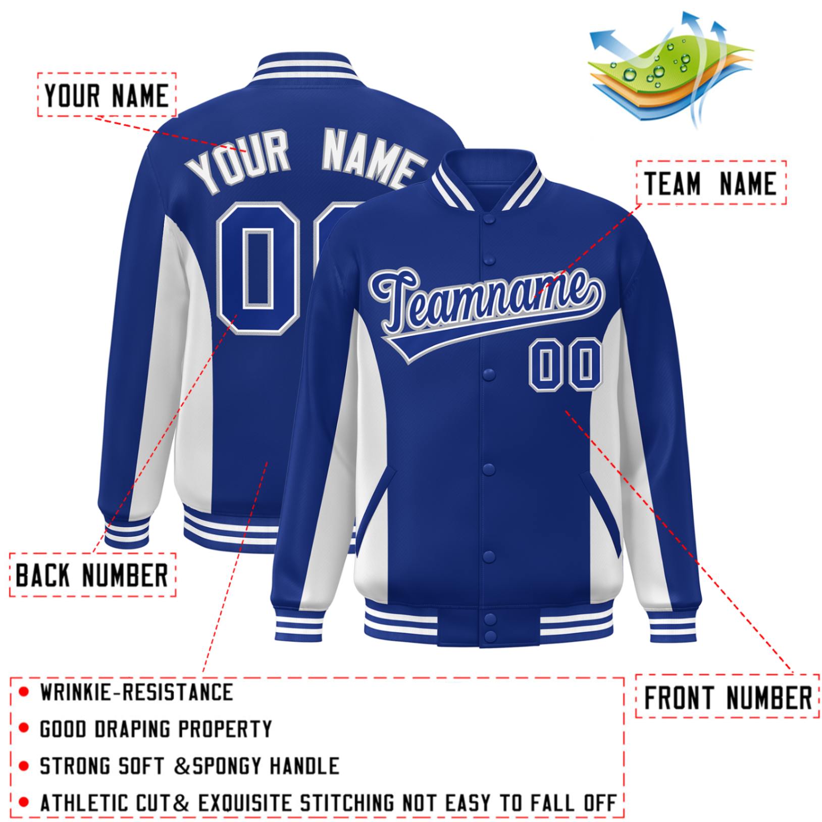 Custom Royal White Varsity Full-Snap Color Block Letterman Baseball Jacket