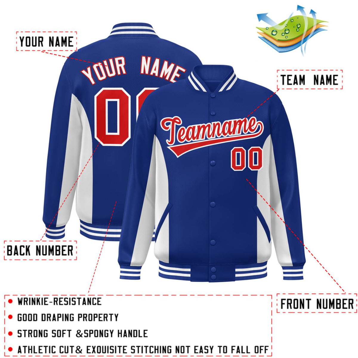 Custom Royal White-Red Varsity Full-Snap Color Block Letterman Baseball Jacket