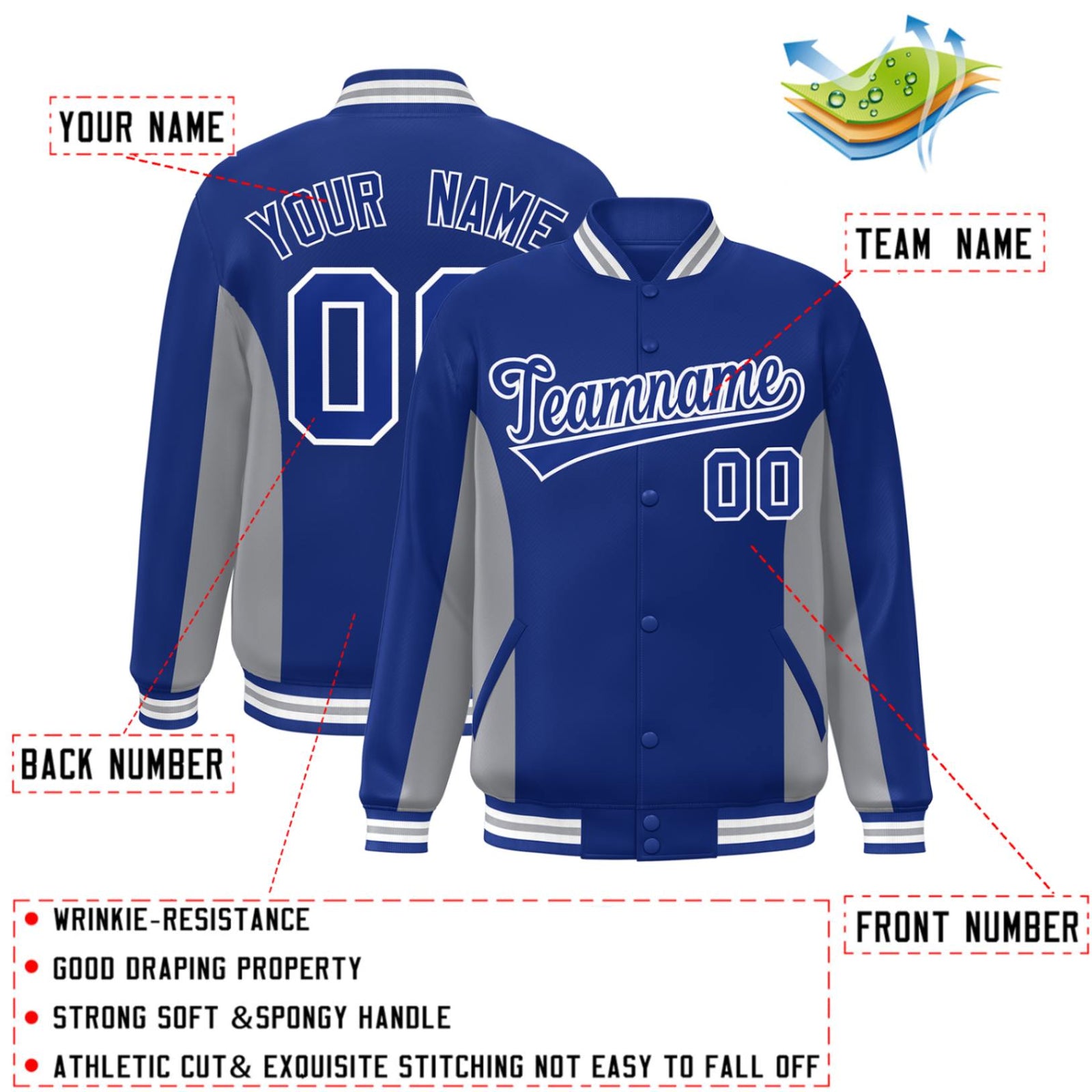 Custom Royal Gray Varsity Full-Snap Color Block Letterman Baseball Jacket