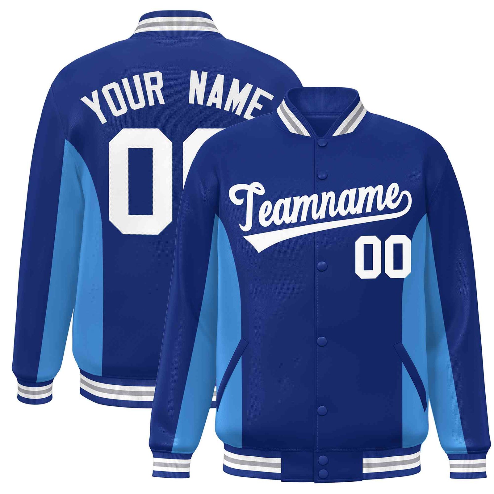 Custom Royal Powder Blue-White Varsity Full-Snap Color Block Letterman Baseball Jacket