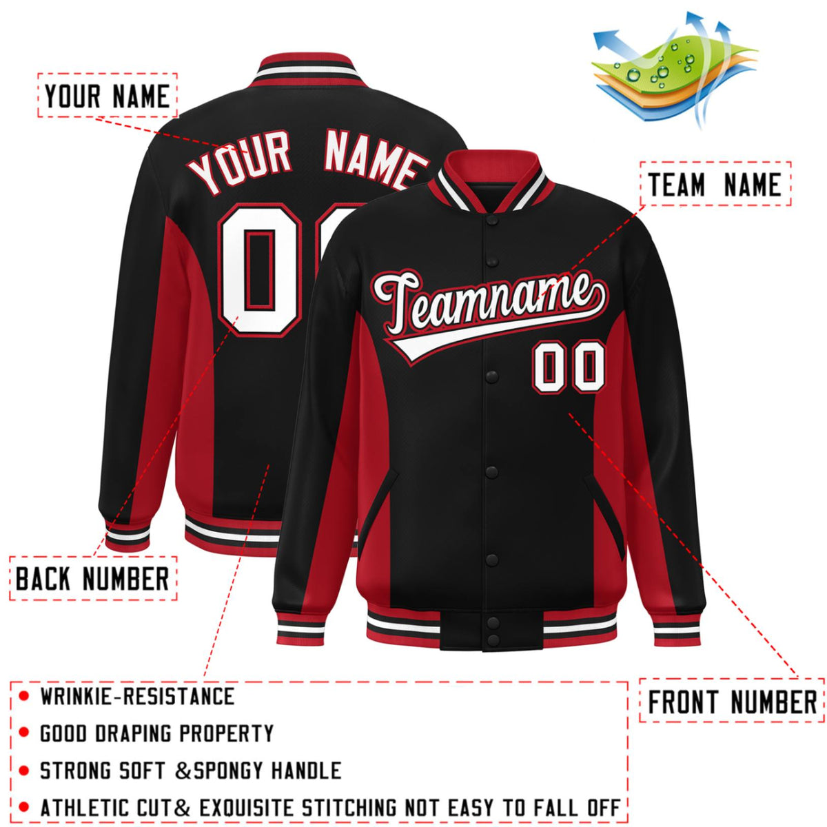 Custom Black Red-White Varsity Full-Snap Color Block Letterman Baseball Jacket