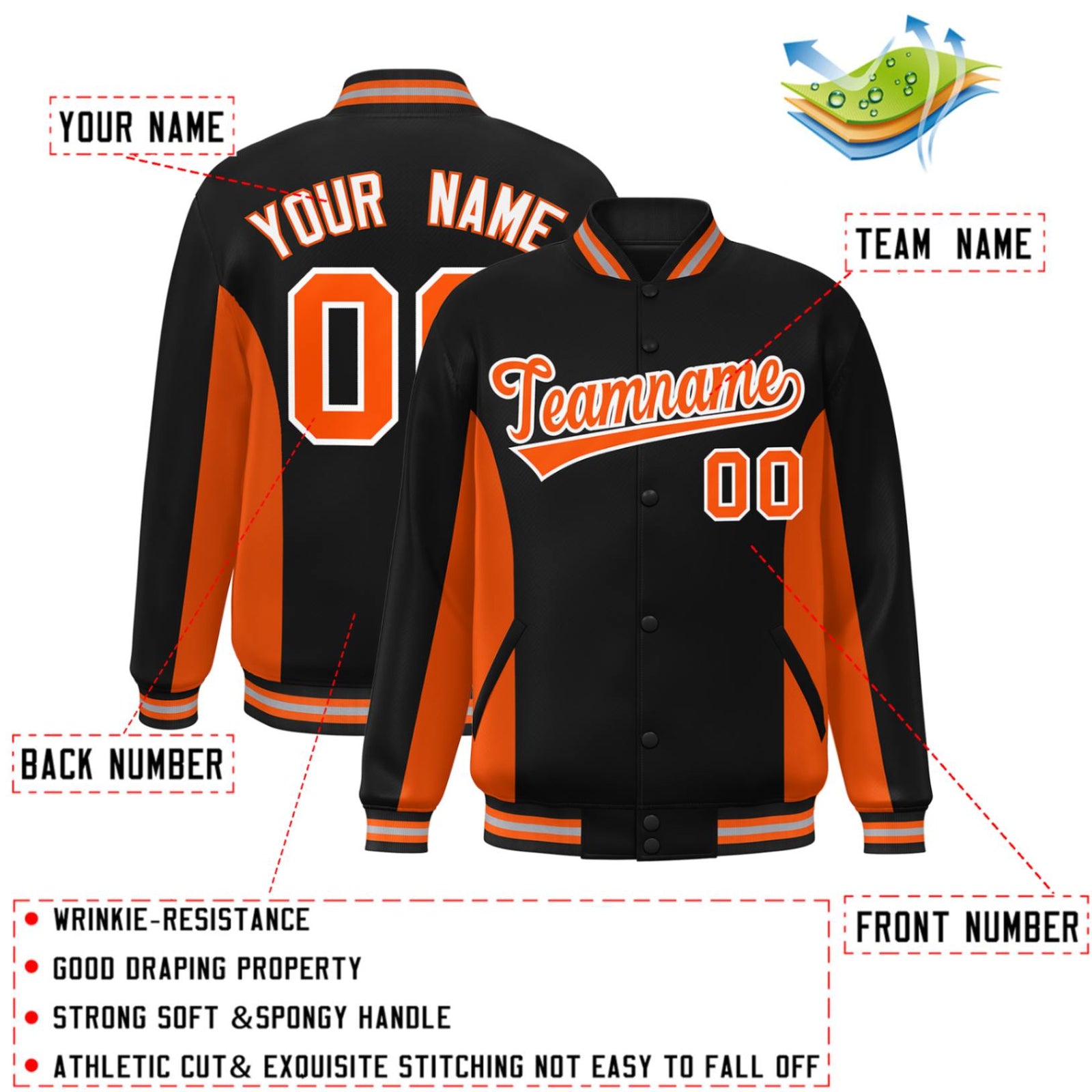 Custom Black Orange Varsity Full-Snap Color Block Letterman Baseball Jacket