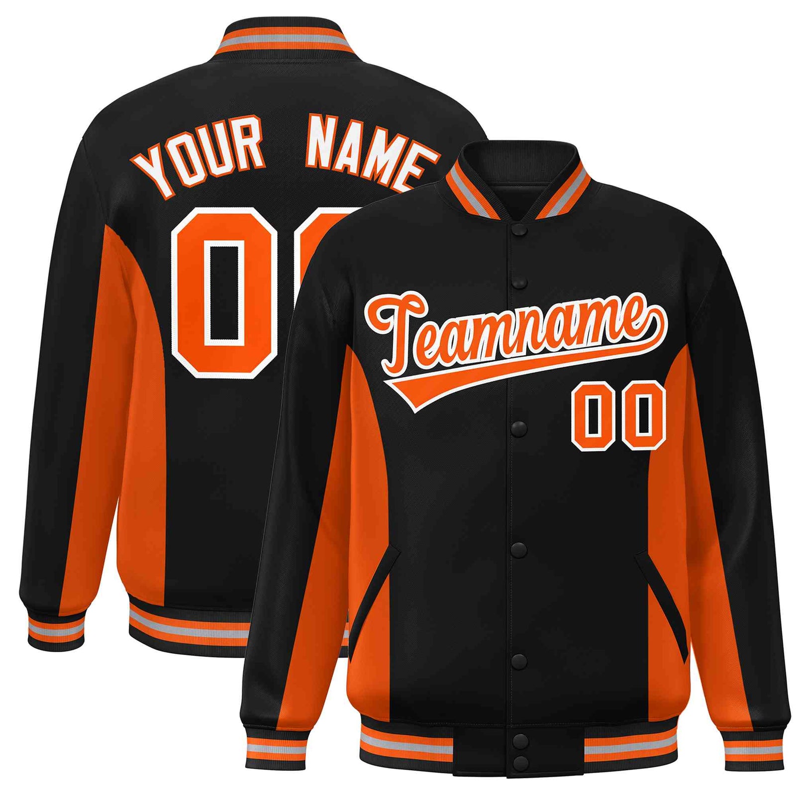 Custom Black Orange Varsity Full-Snap Color Block Letterman Baseball Jacket