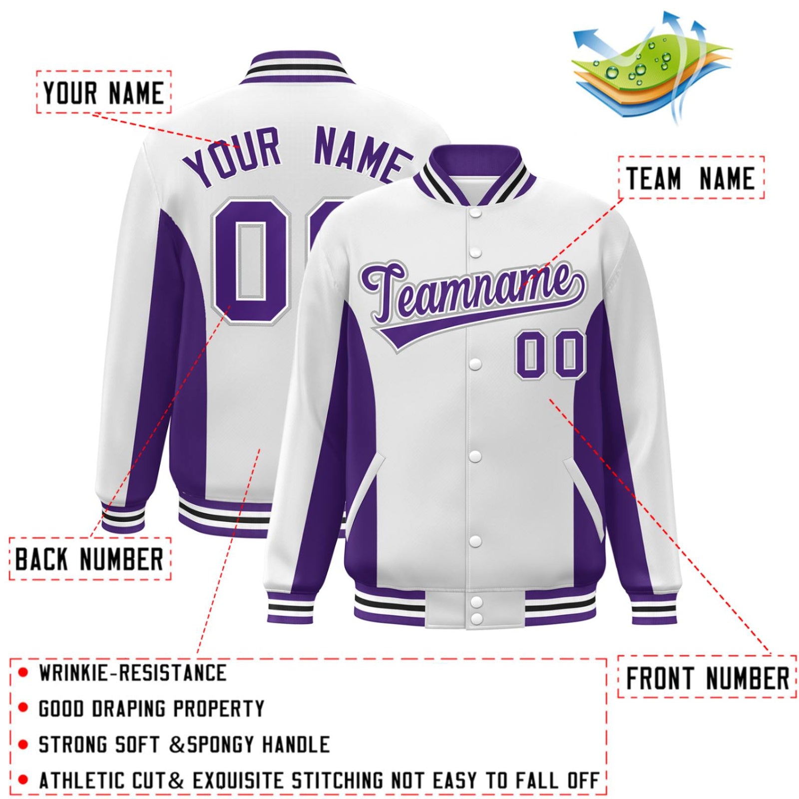 Custom White Purple Varsity Full-Snap Color Block Letterman Baseball Jacket