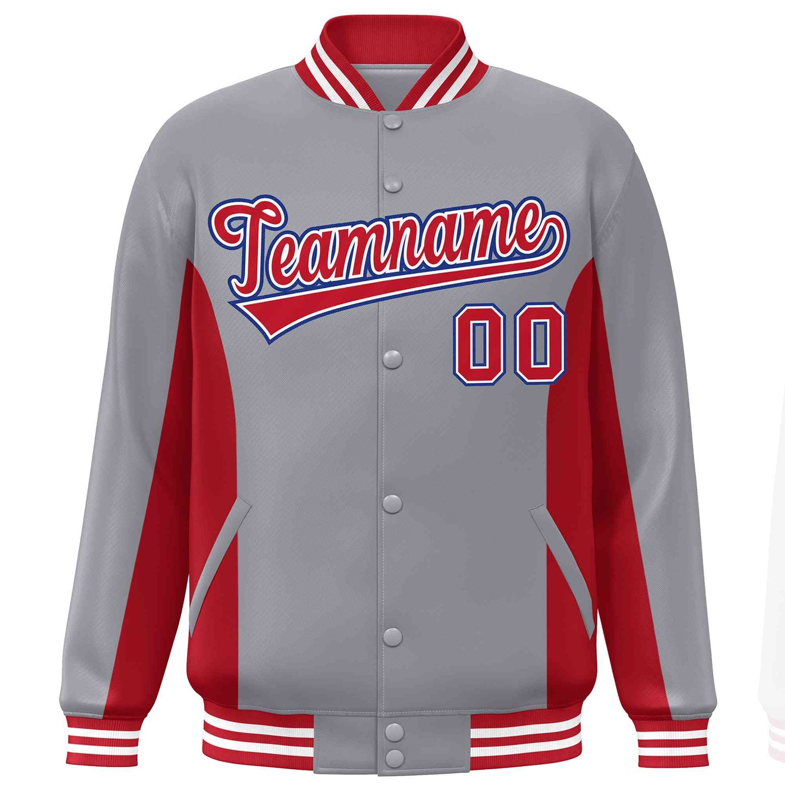 Custom Gray Red Varsity Full-Snap Color Block Letterman Baseball Jacket