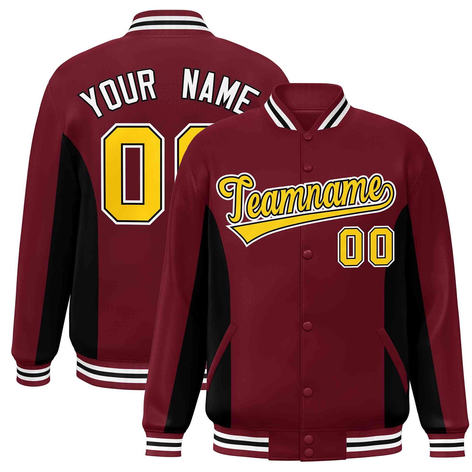 Custom Crimson Black-Gold Varsity Full-Snap Color Block Letterman Baseball Jacket