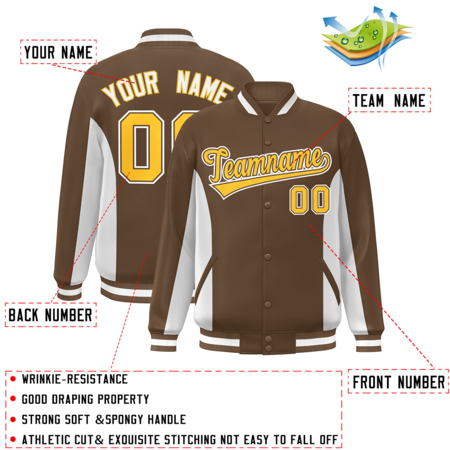 Custom Brown White-Gold Varsity Full-Snap Color Block Letterman Baseball Jacket
