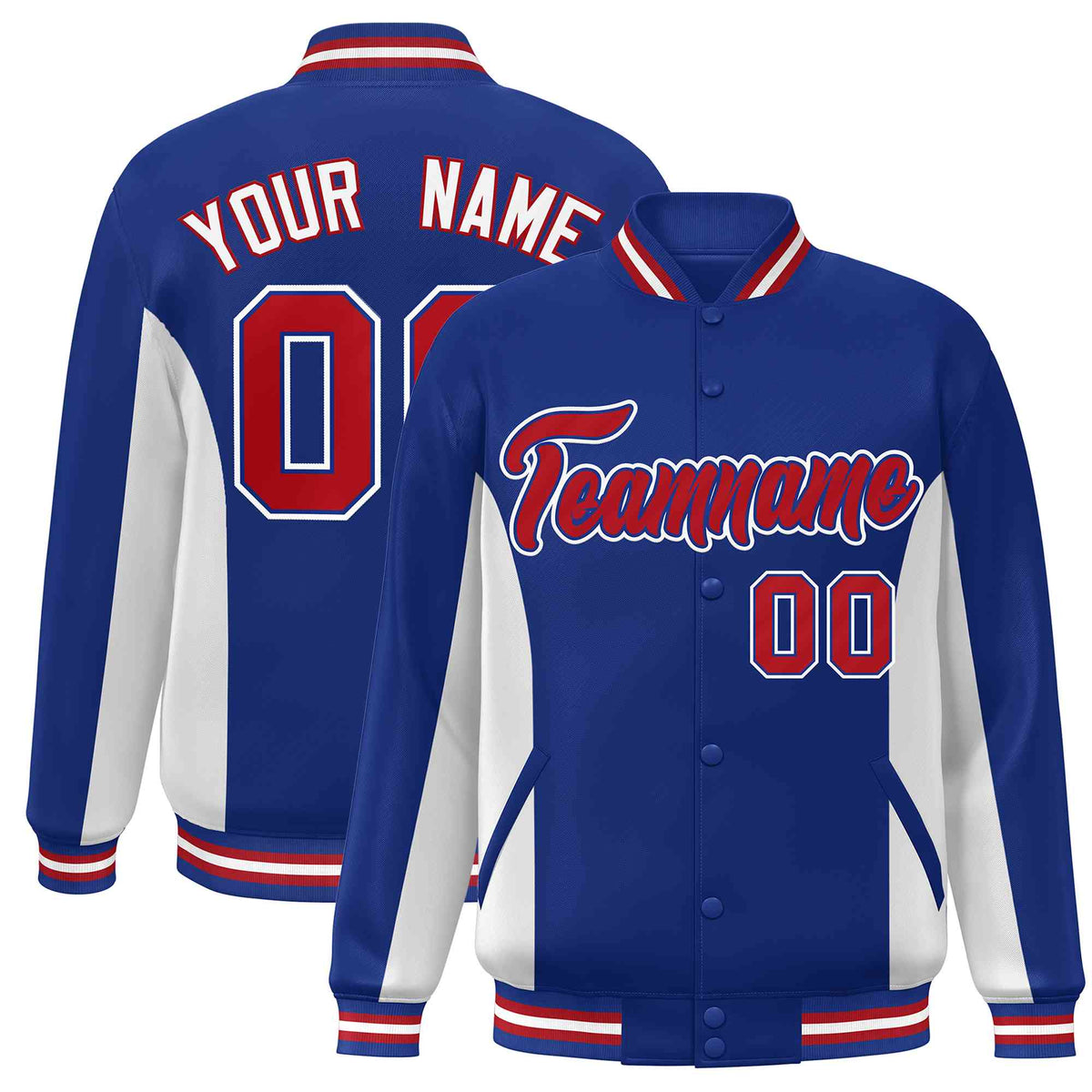 Custom Royal White-Red Varsity Full-Snap Color Block Letterman Baseball Jacket
