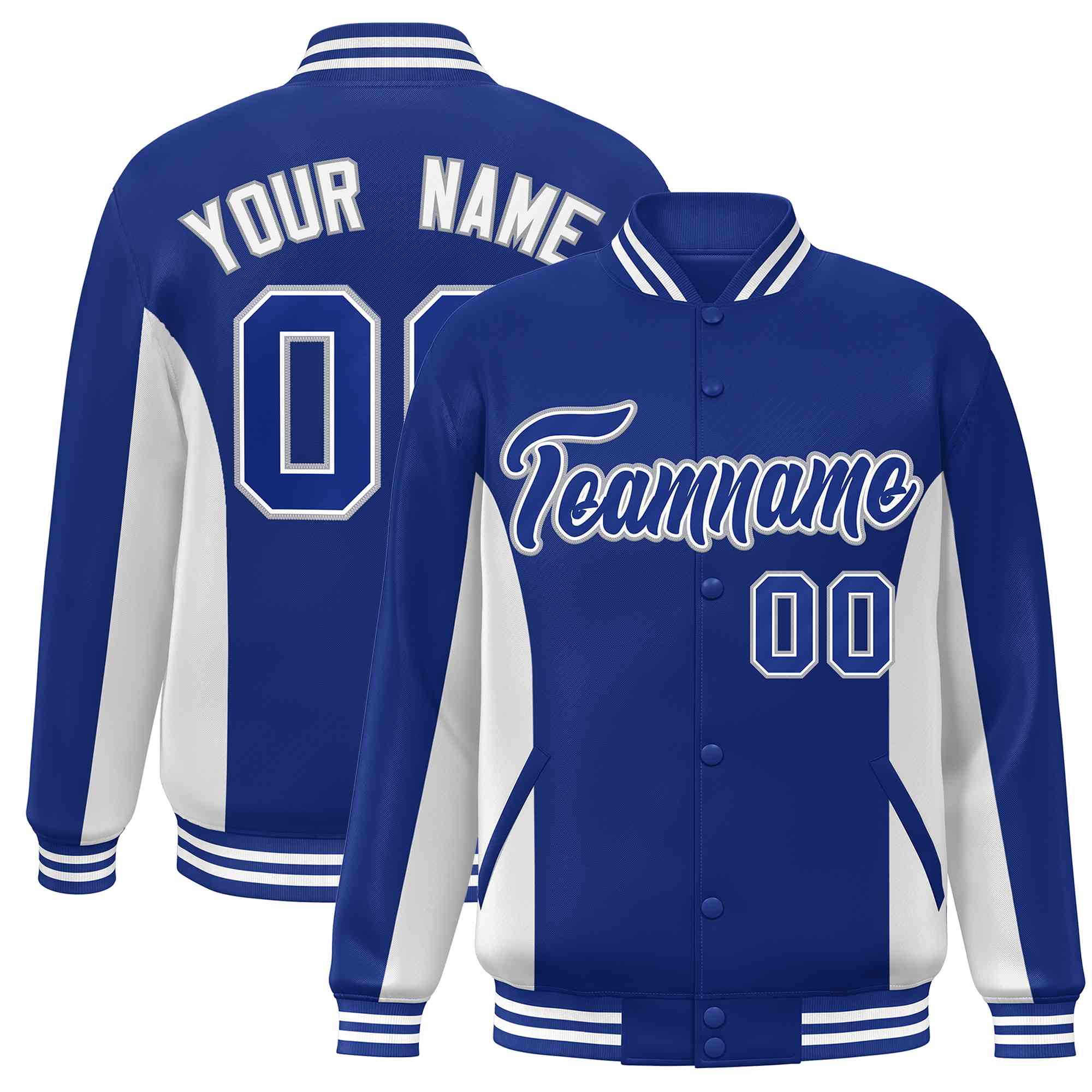 Custom Royal White Varsity Full-Snap Color Block Letterman Baseball Jacket
