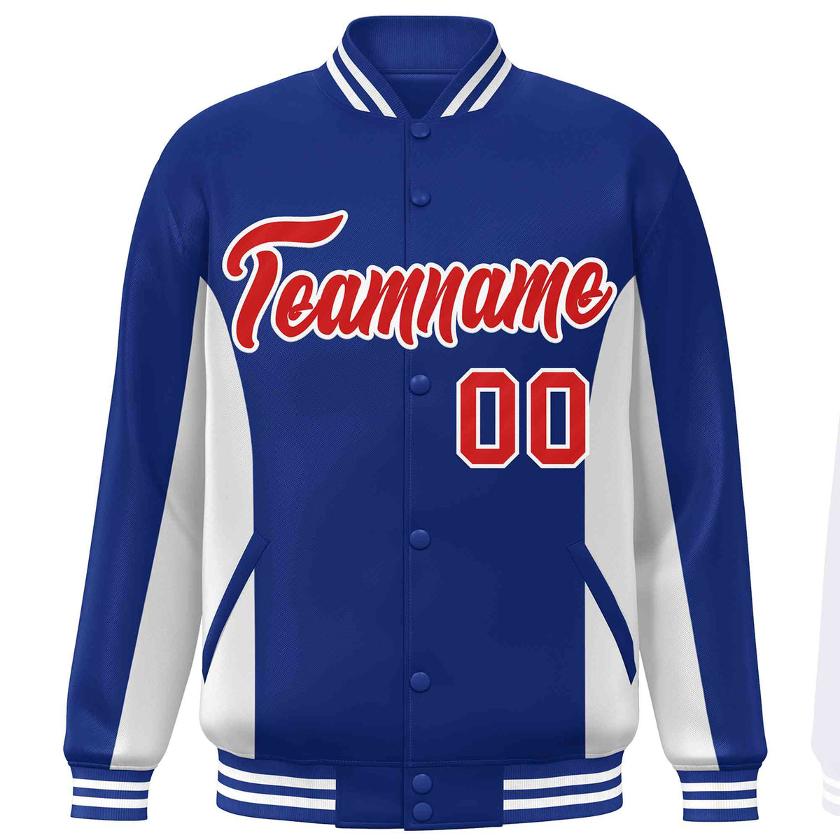 Custom Royal White-Red Varsity Full-Snap Color Block Letterman Baseball Jacket