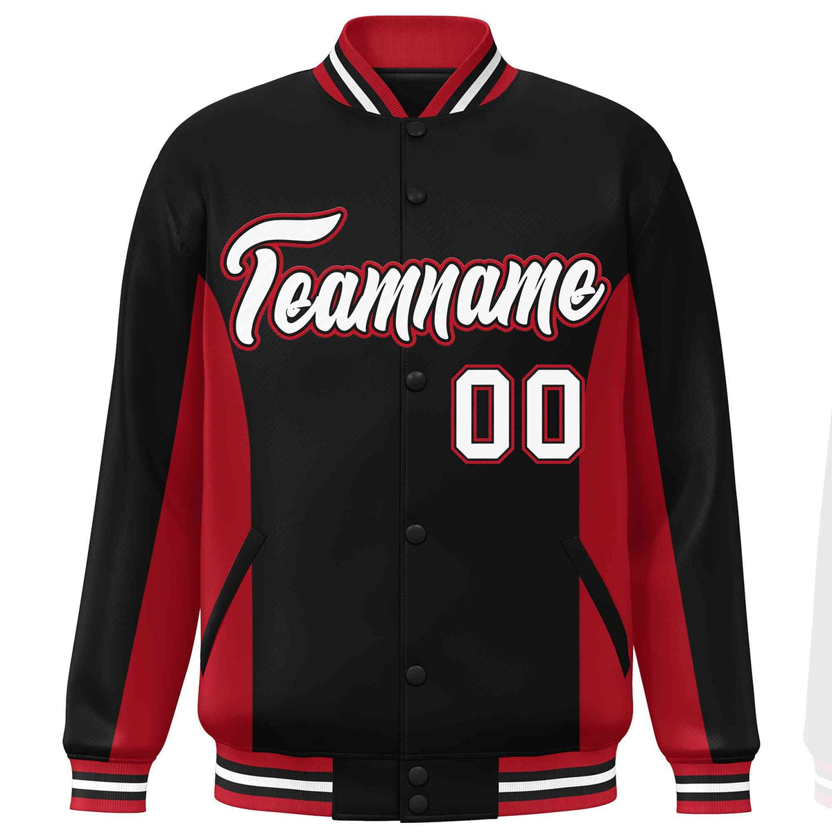 Custom Black Red-White Varsity Full-Snap Color Block Letterman Baseball Jacket