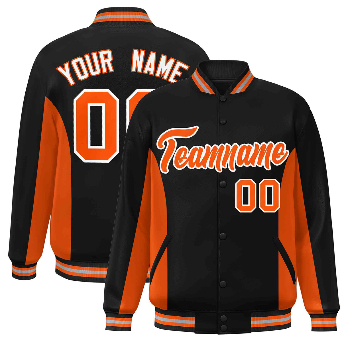 Custom Black Orange Varsity Full-Snap Color Block Letterman Baseball Jacket