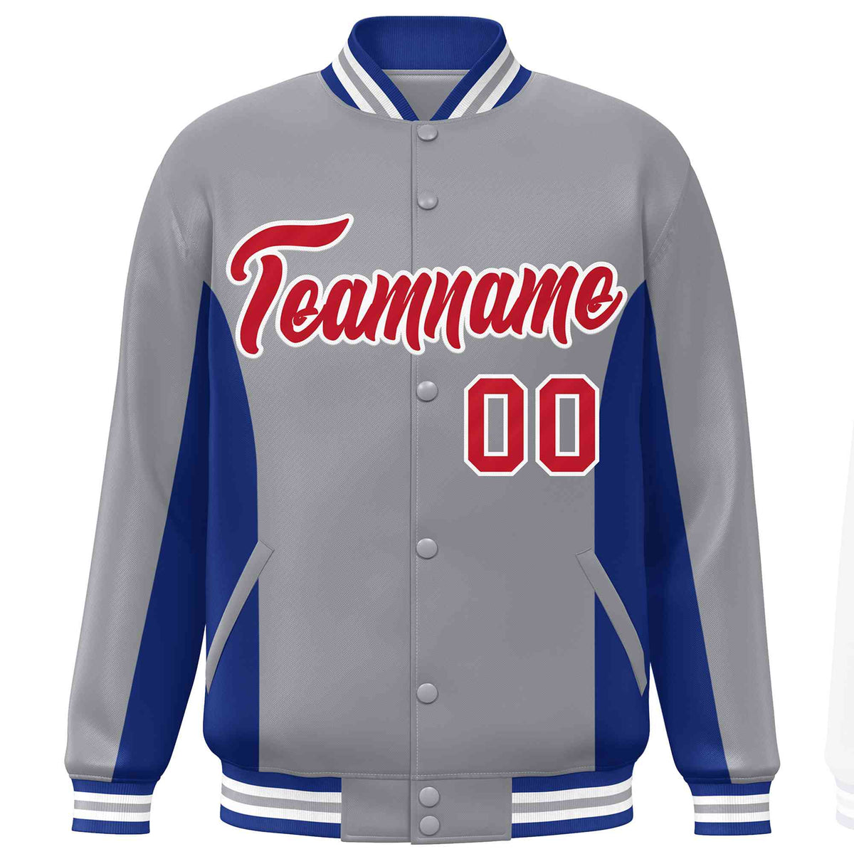 Custom Gray Royal-Red Varsity Full-Snap Color Block Letterman Baseball Jacket