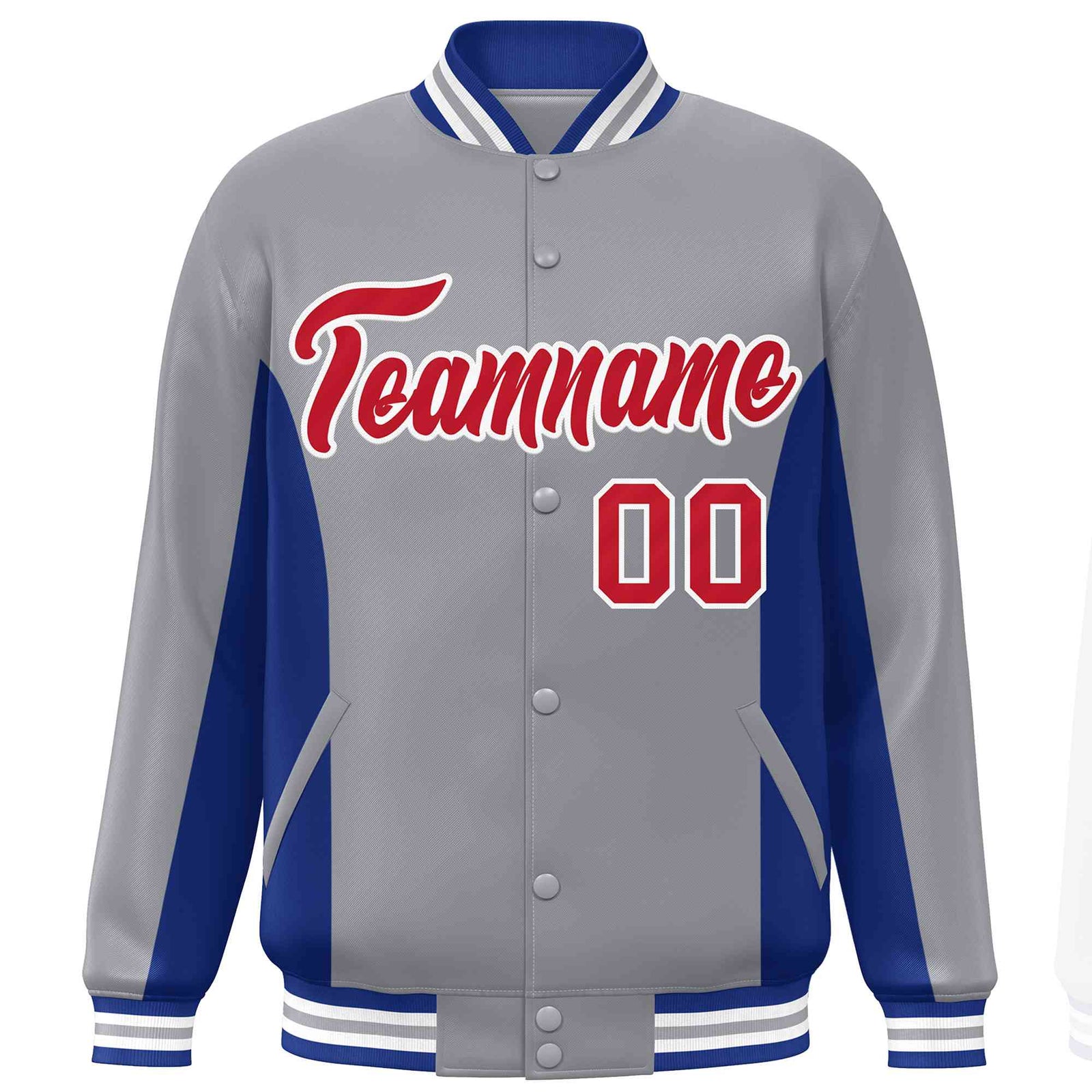 Custom Gray Royal-Red Varsity Full-Snap Color Block Letterman Baseball Jacket