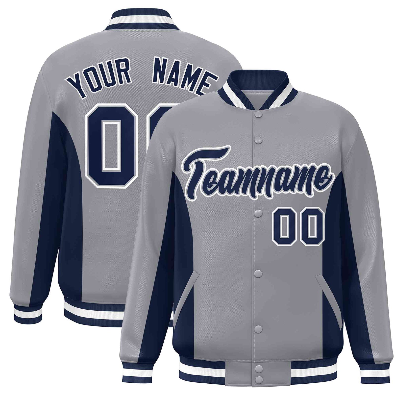 Custom Gray Navy Varsity Full-Snap Color Block Letterman Baseball Jacket