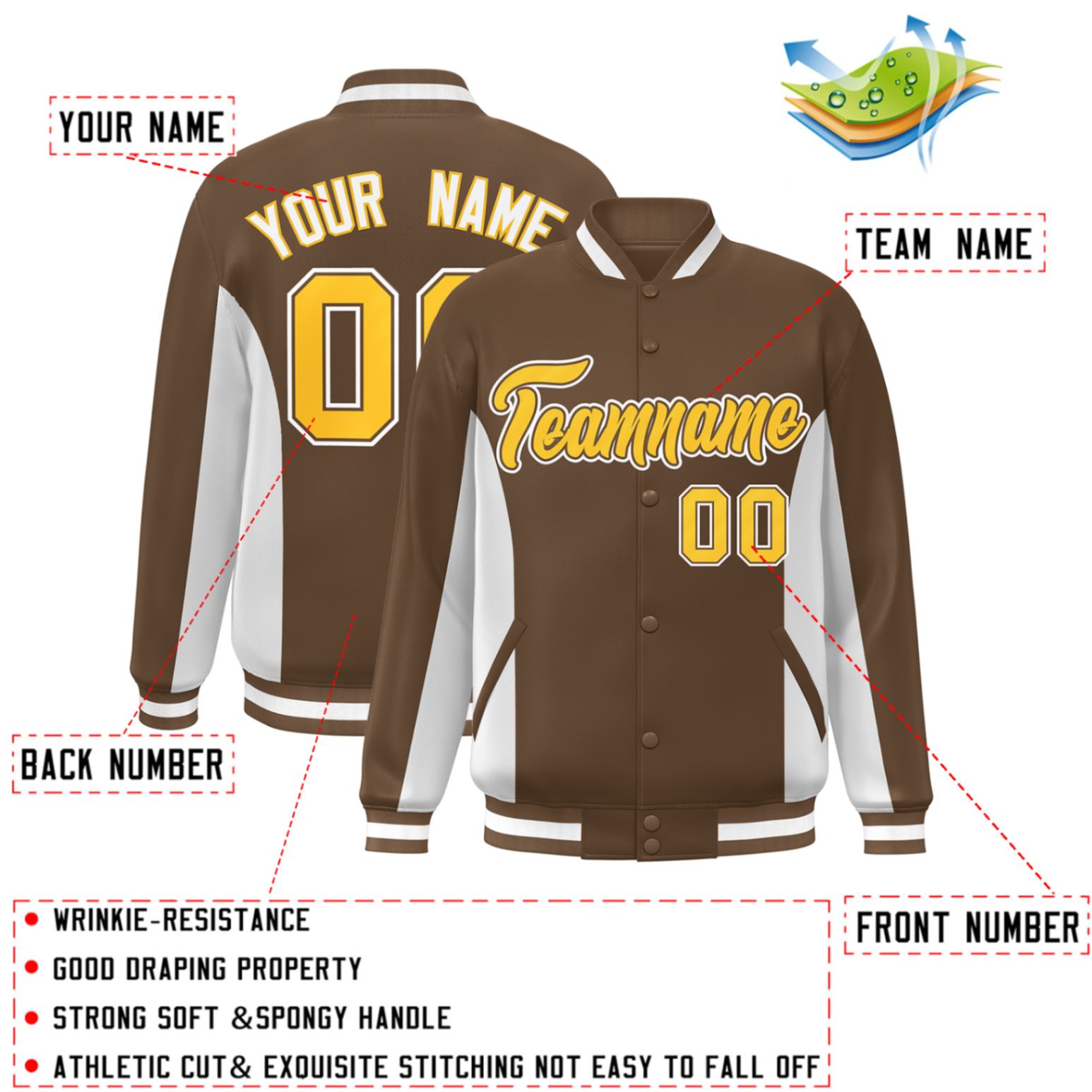 Custom Brown White-Gold Varsity Full-Snap Color Block Letterman Baseball Jacket