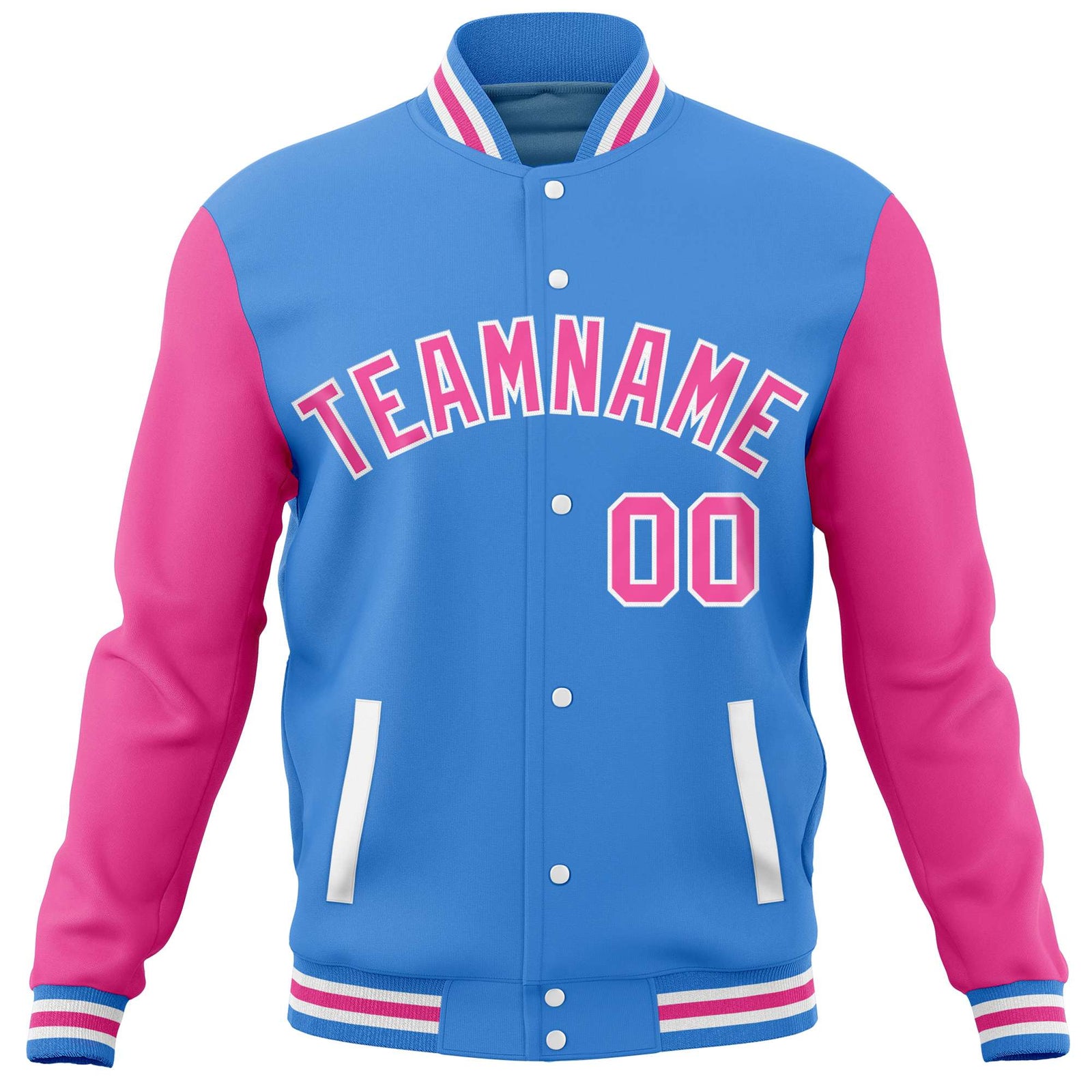 Custom Powder Blue Pink Varsity Full-Snap Raglan Sleeves Letterman Baseball Jacket