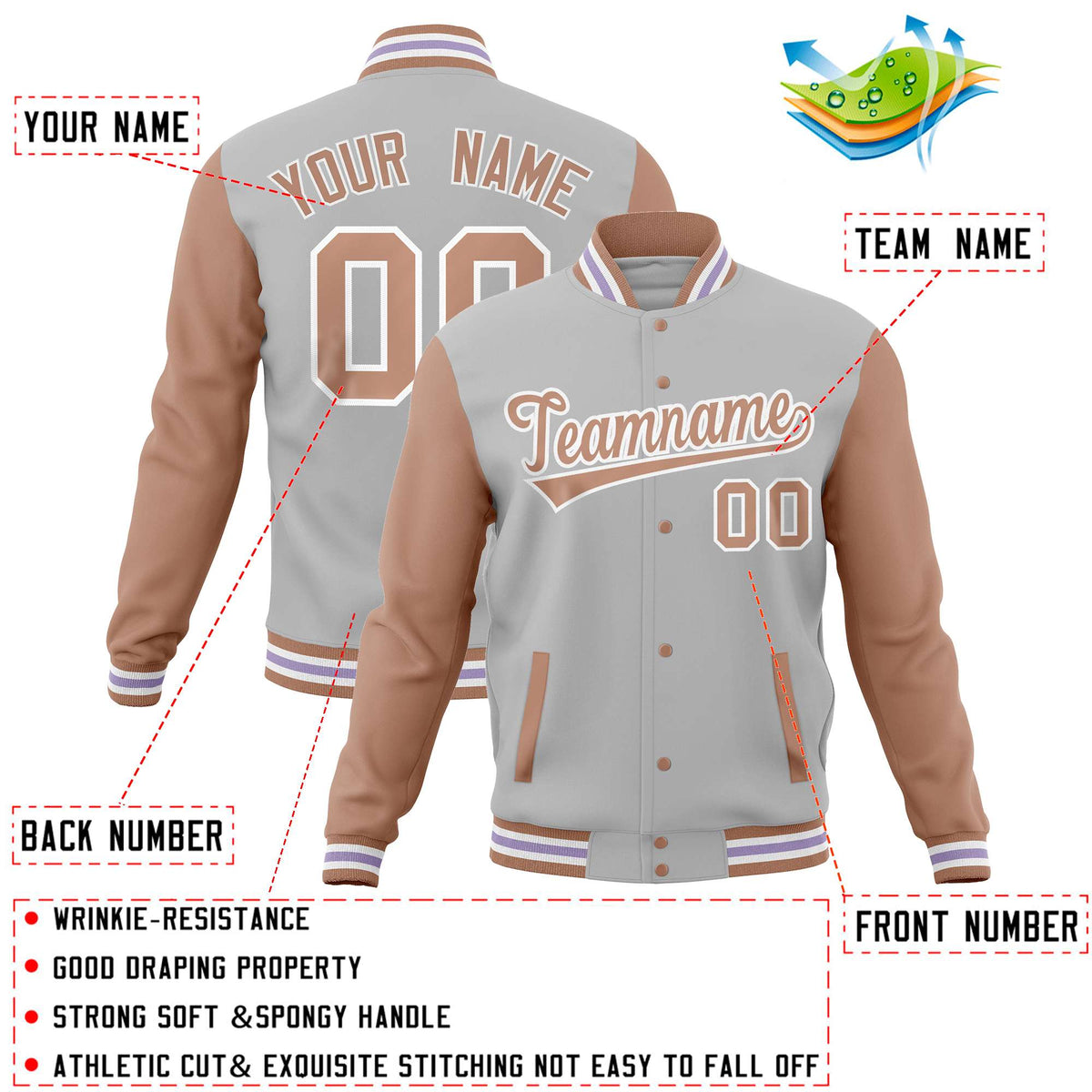 Custom Gray Brown Varsity Full-Snap Raglan Sleeves Letterman Baseball Jacket