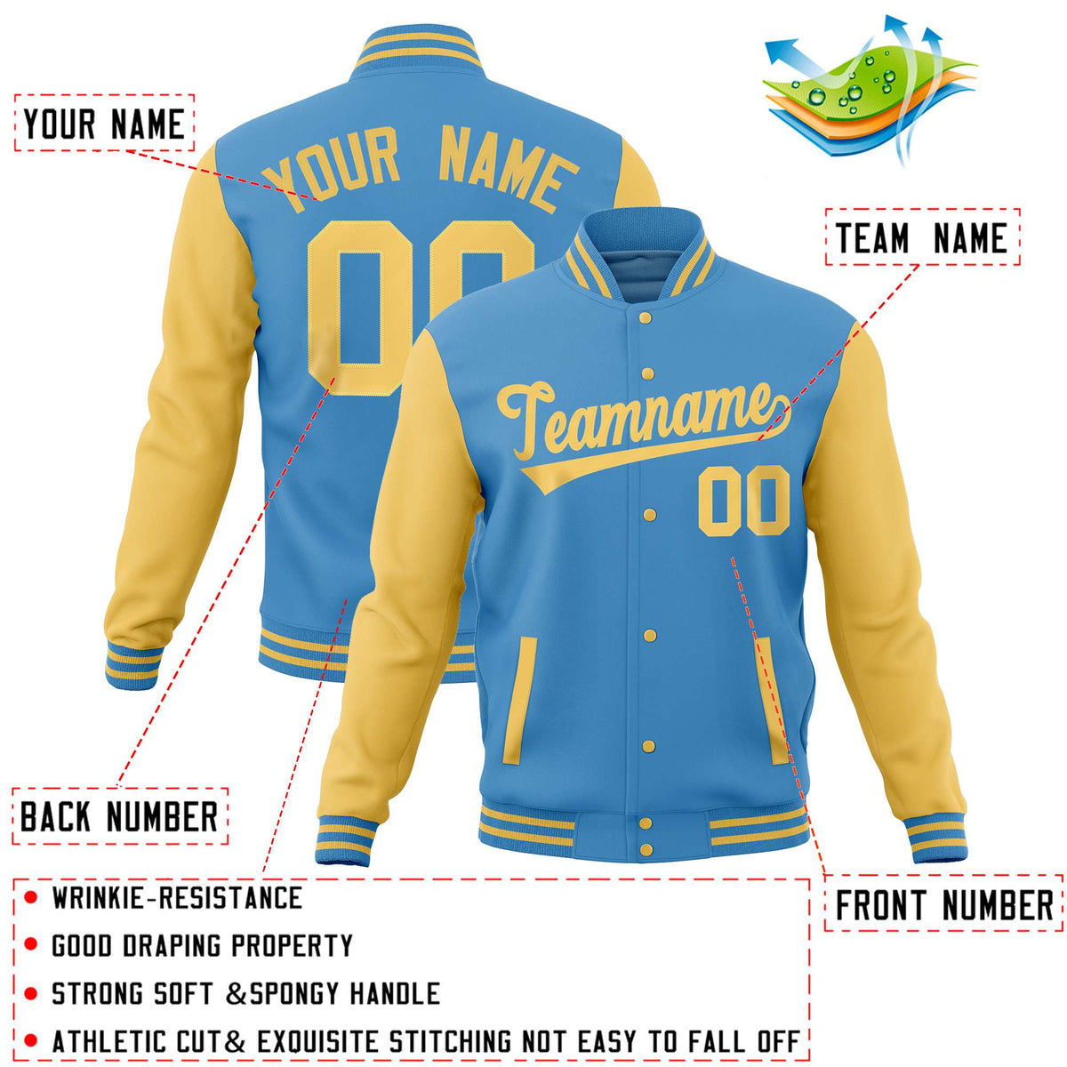 Custom Powder Blue Yellow Varsity Full-Snap Raglan Sleeves Letterman Baseball Jacket