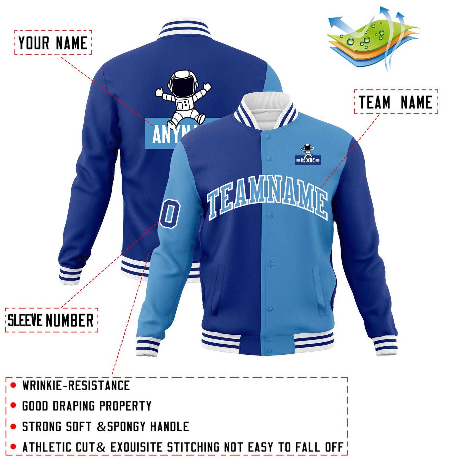 Custom Royal Light Blue Two Tone Split Fashion Varsity Letterman Jacket with Raglan Sleeves