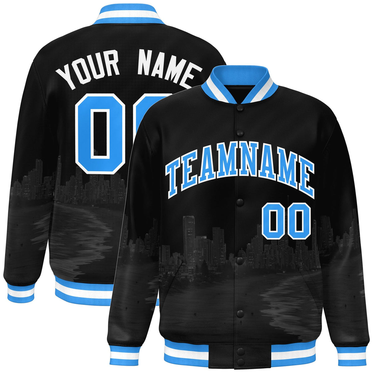 Custom Black Powder Blue-White Miami City Connect Track Varsity Full-Snap Jacket