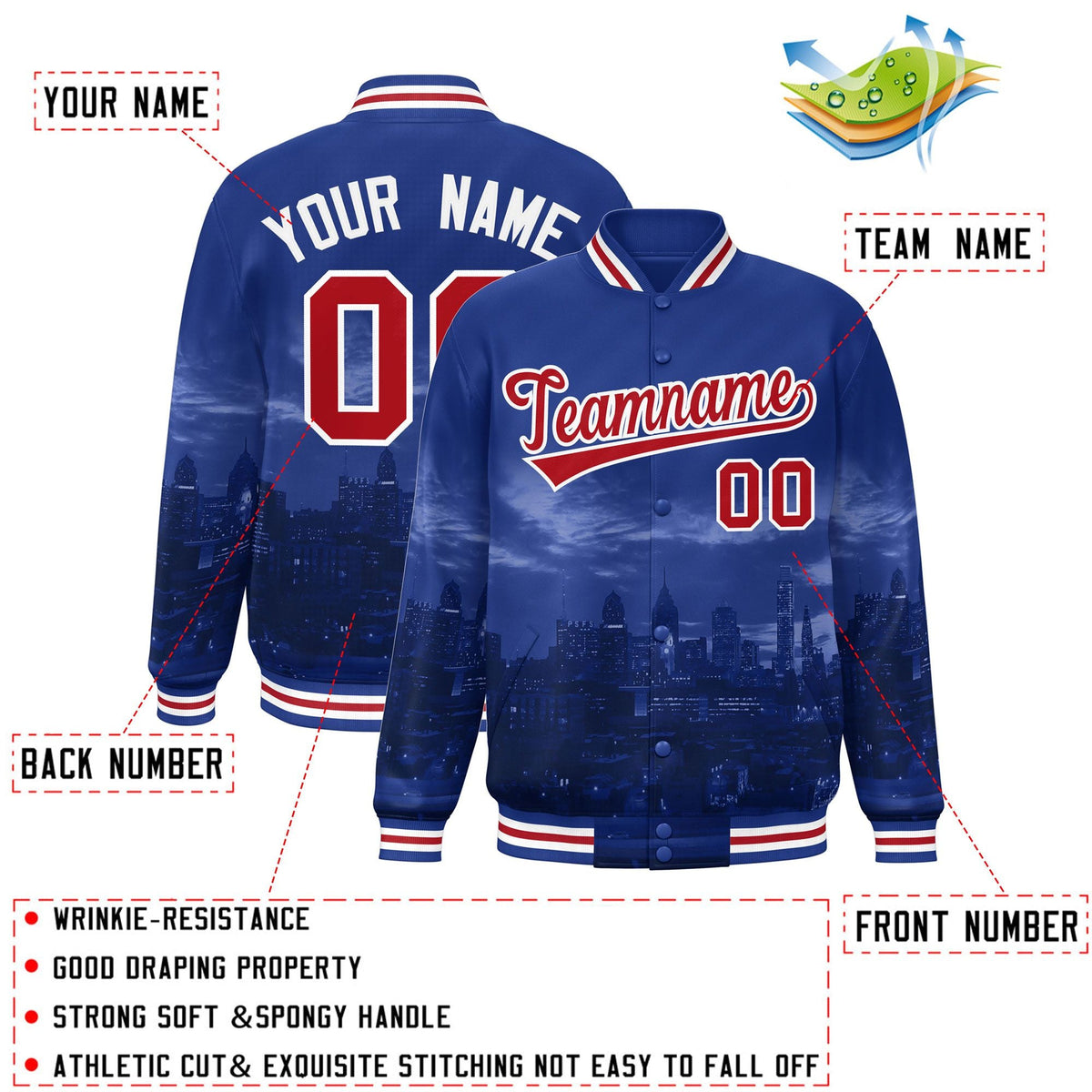 Custom Royal Red-White Philadelphia City Connect Track Varsity Full-Snap Jacket