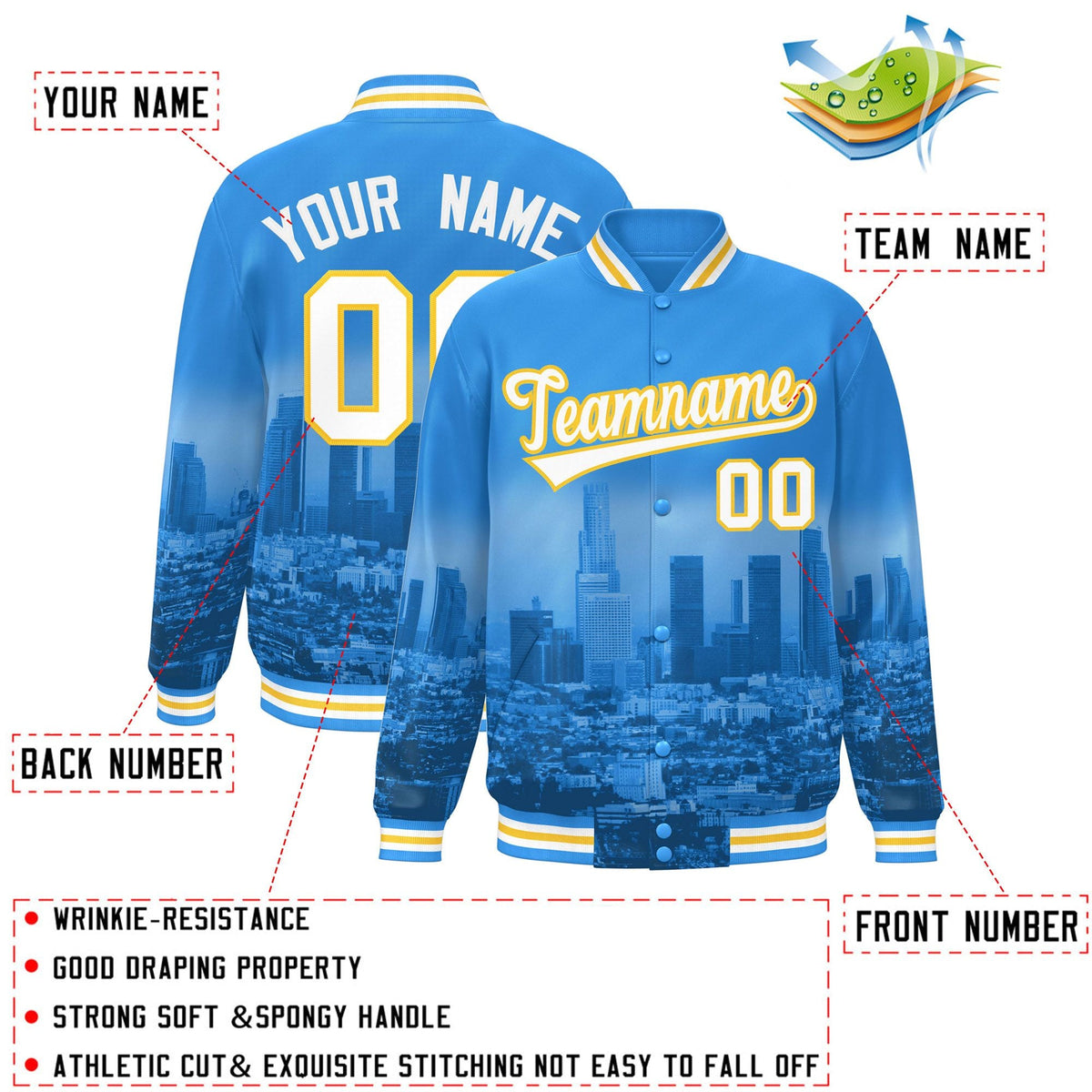 Custom Powder Blue White-Gold Los Angeles City Connect Track Varsity Full-Snap Jacket