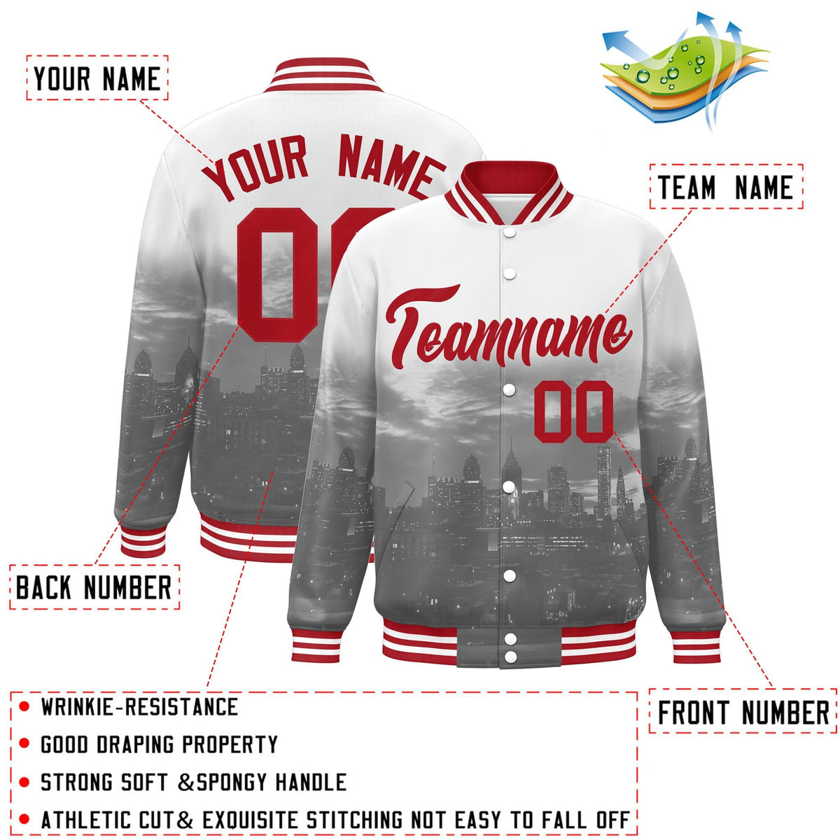 Custom White Red Philadelphia City Connect Track Varsity Full-Snap Jacket