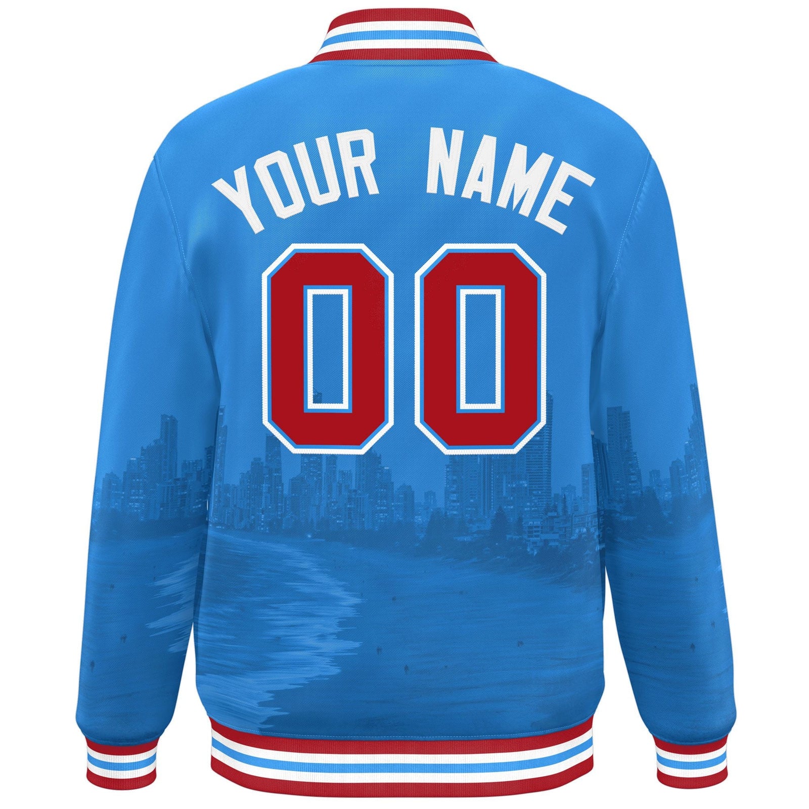 Custom Powder Blue Red-White Miami City Connect Track Varsity Full-Snap Jacket
