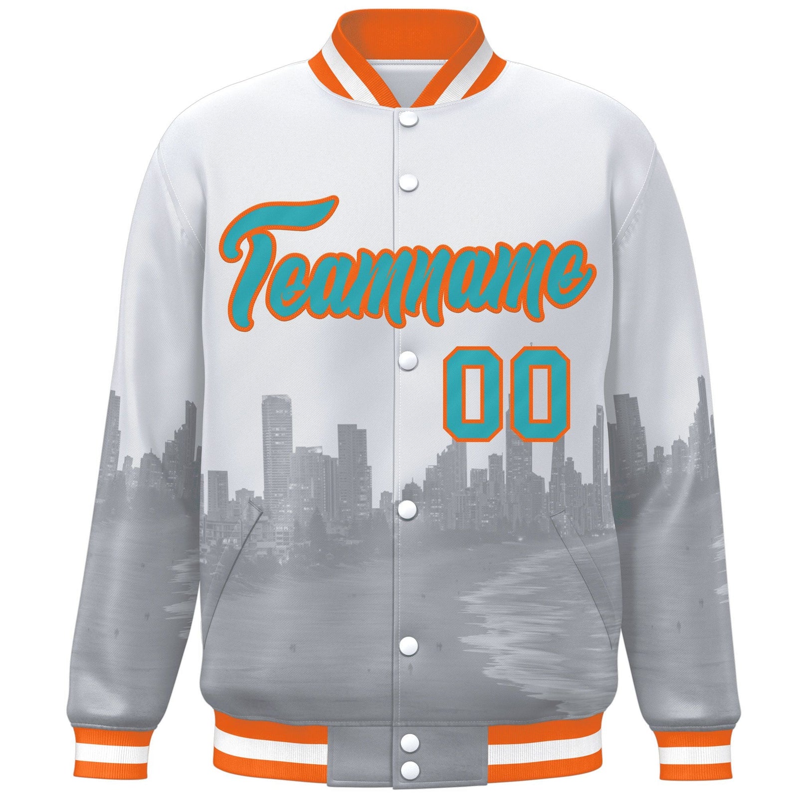 Custom White Aqua-Orange Miami City Connect Track Varsity Full-Snap Jacket