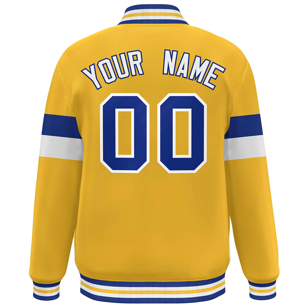 Custom Gold Royal-White Color Block Bomber Varsity Full-Snap Baseball Jacket