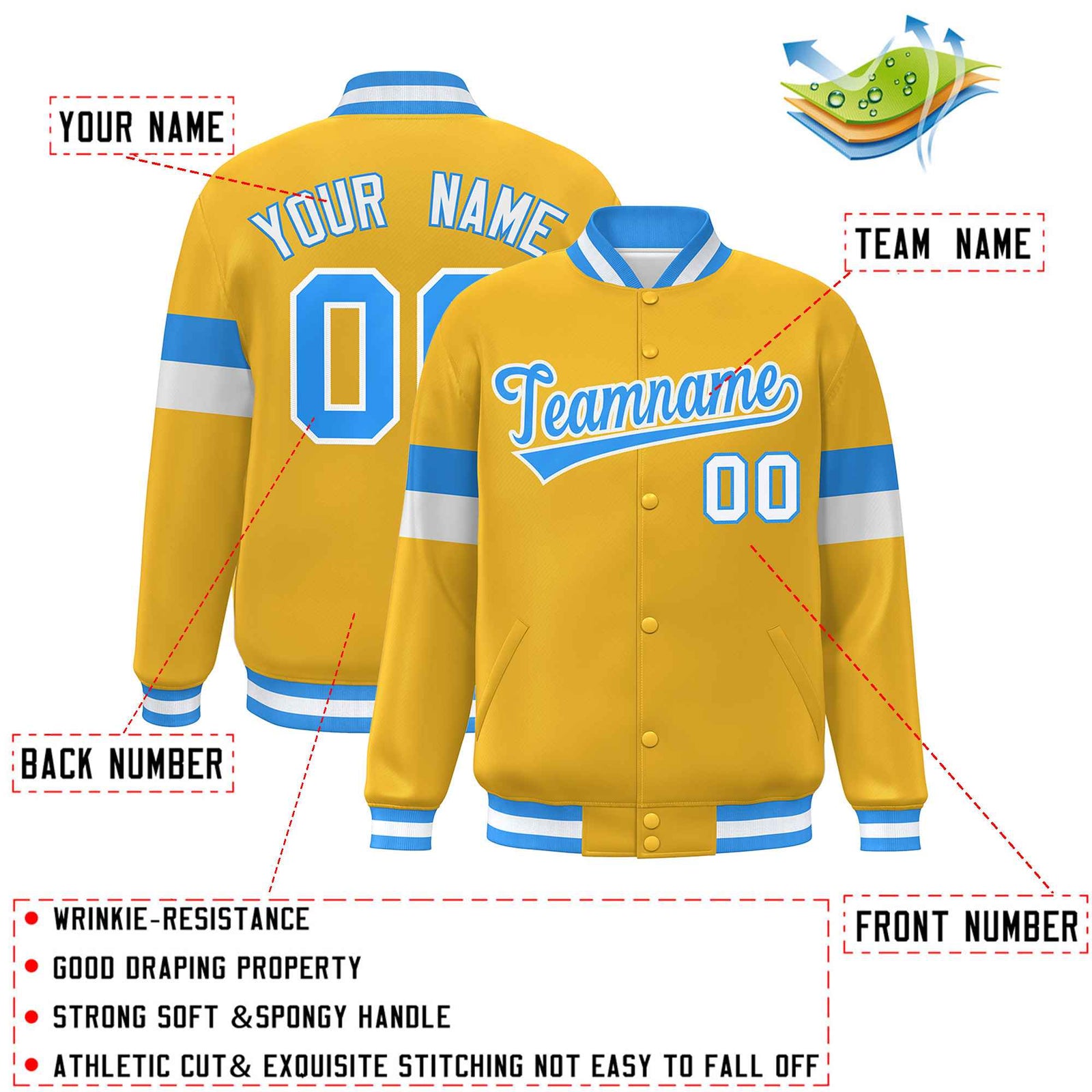 Custom Gold Powder Blue-White Color Block Bomber Varsity Full-Snap Baseball Jacket