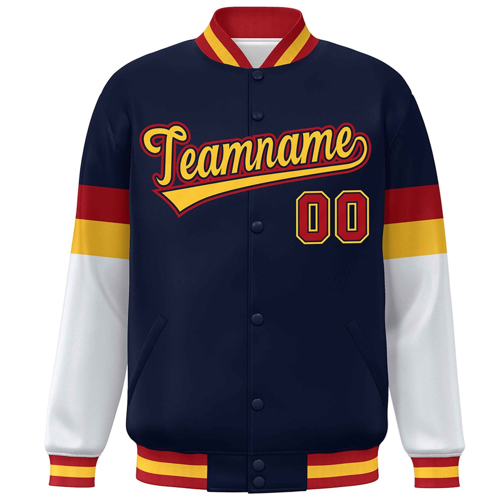 Custom Navy Gold-Red Color Block Bomber Varsity Full-Snap Baseball Jacket